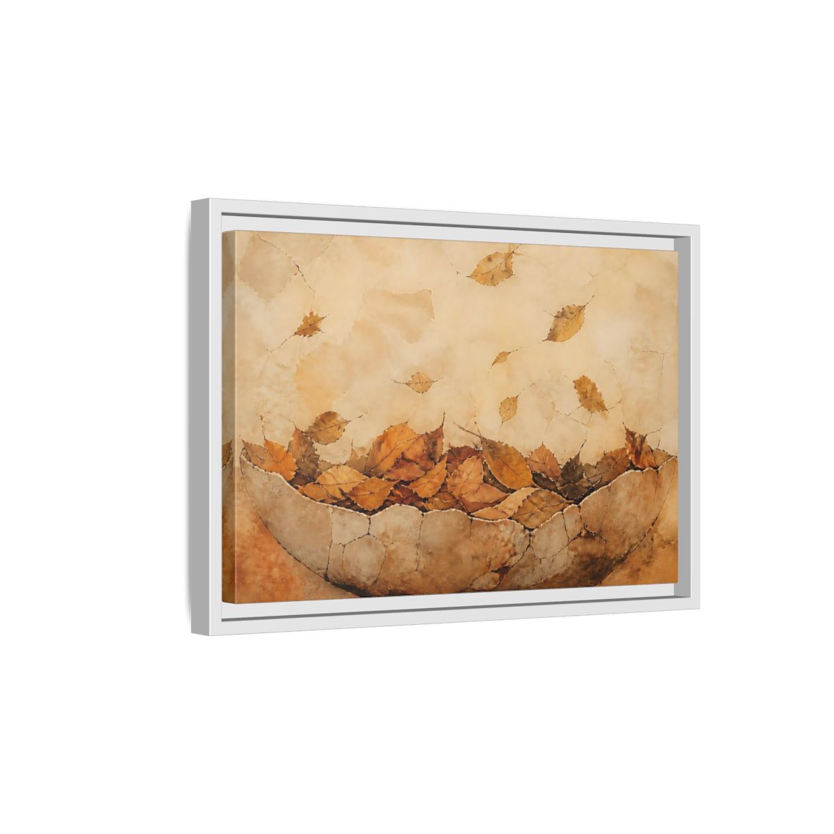 Side Mockup 4. Cracked Bowl Of Leaves shown as framed canvas print
