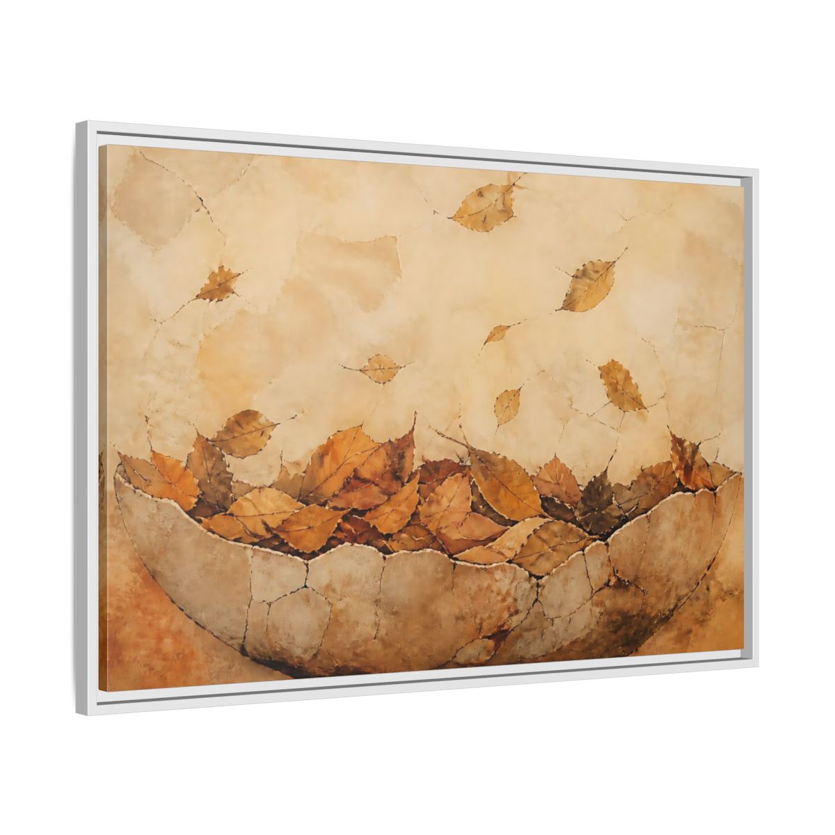 Side Mockup 9. Cracked Bowl Of Leaves shown as framed canvas print