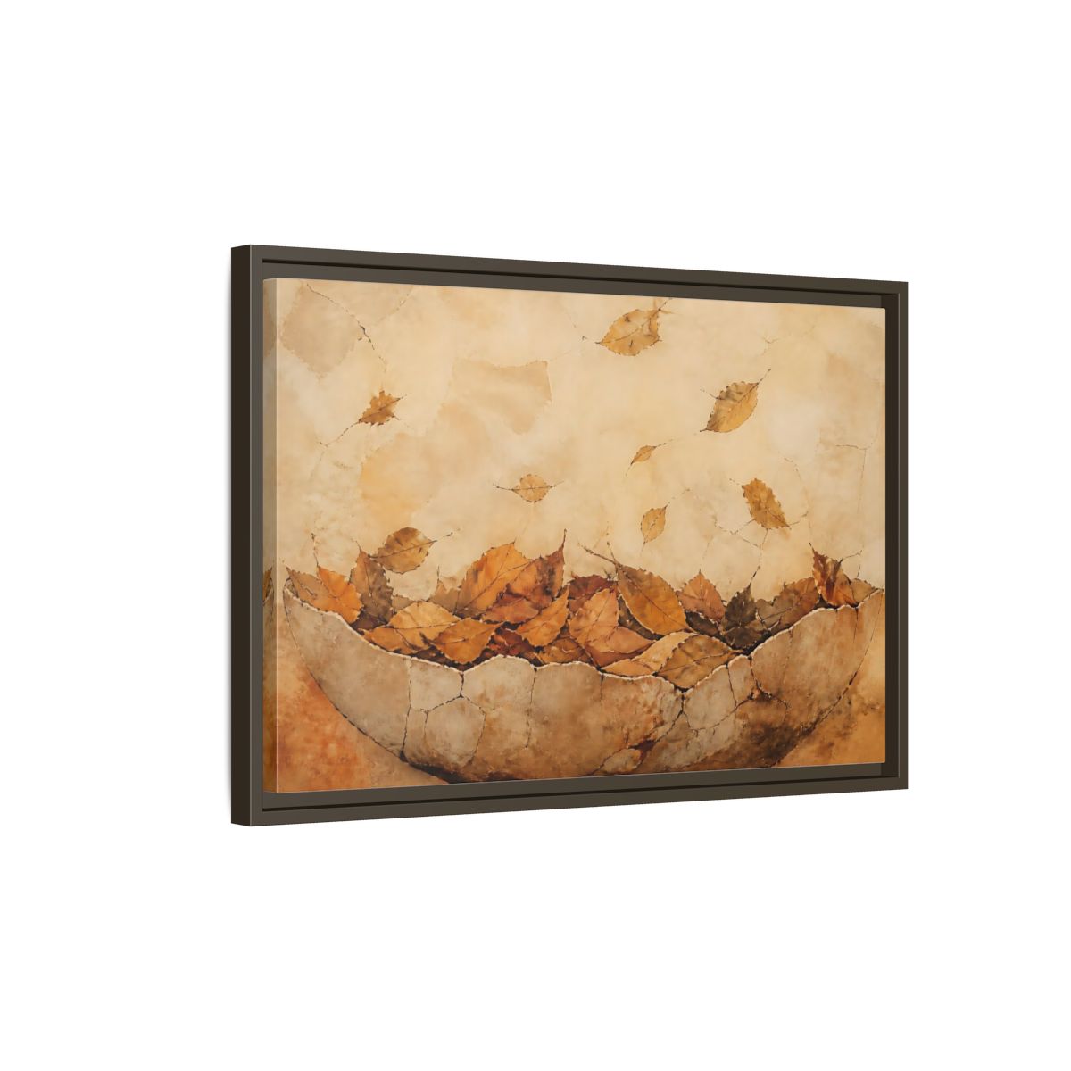 Side Mockup 2. Cracked Bowl Of Leaves shown as framed canvas print