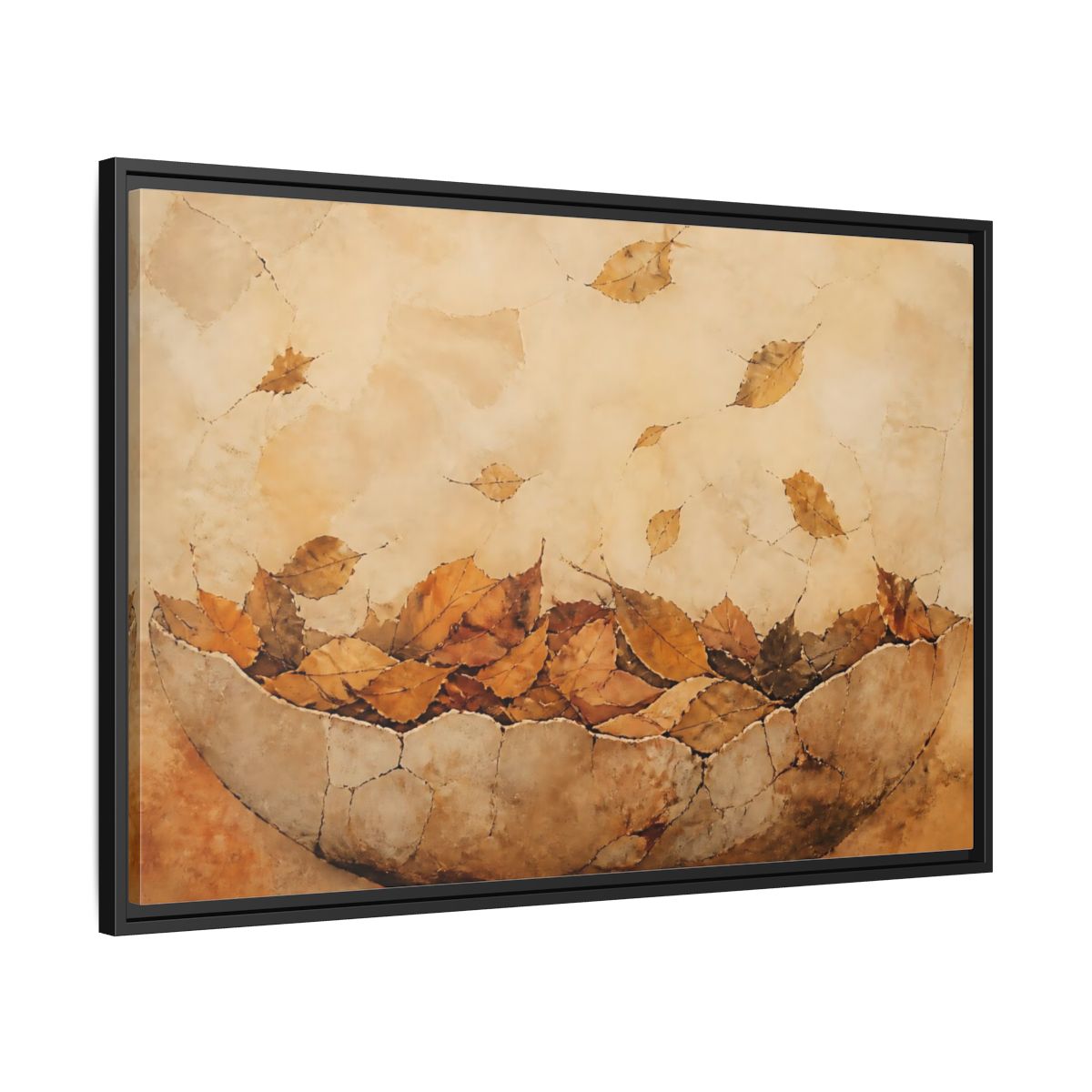 Side Mockup 13. Cracked Bowl Of Leaves shown as framed canvas print