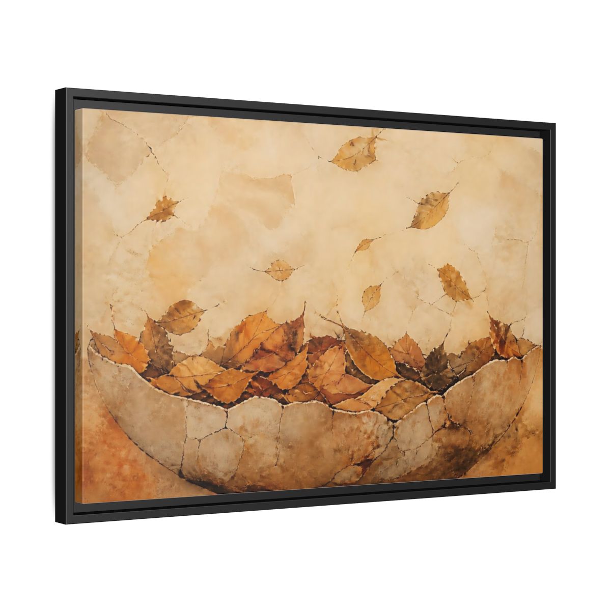 Side Mockup 14. Cracked Bowl Of Leaves shown as framed canvas print