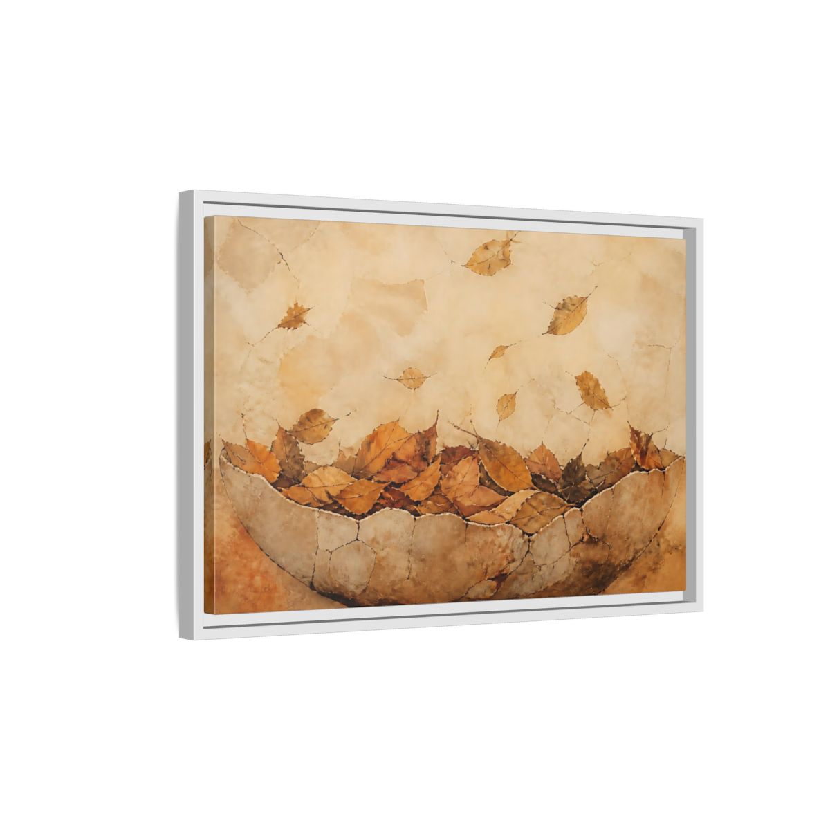Side Mockup 1. Cracked Bowl Of Leaves shown as framed canvas print