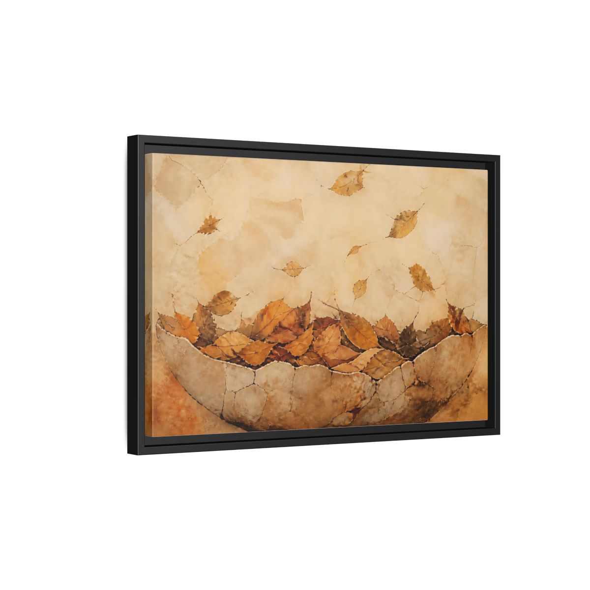 Side Mockup 3. Cracked Bowl Of Leaves shown as framed canvas print