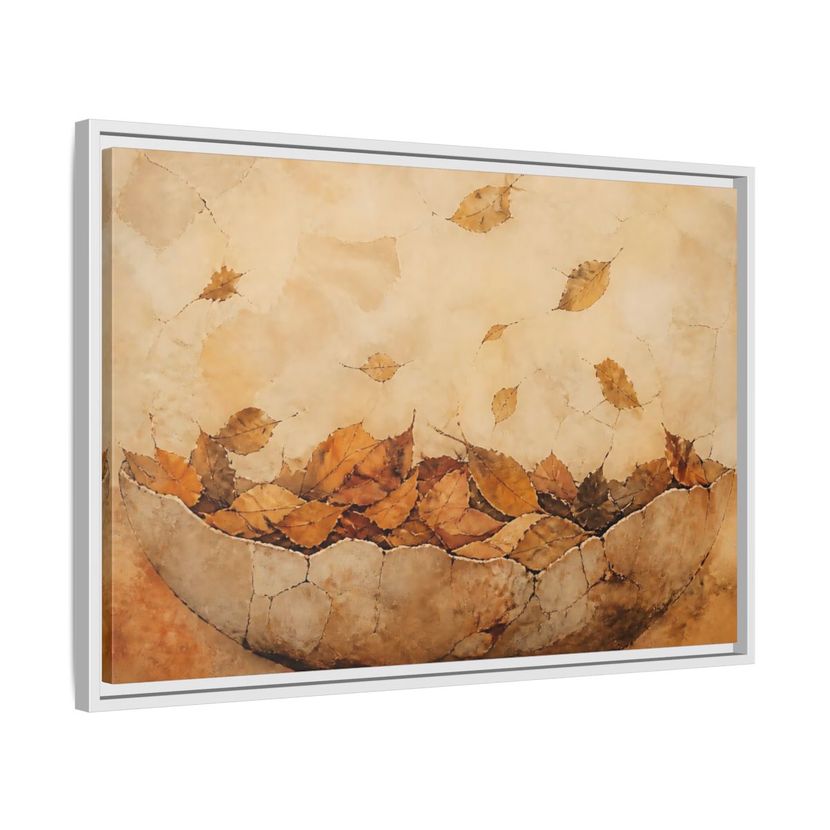 Side Mockup 10. Cracked Bowl Of Leaves shown as framed canvas print
