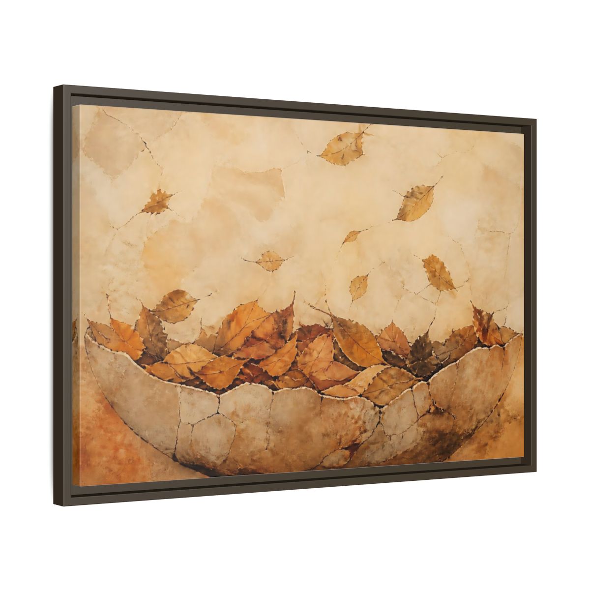 Side Mockup 11. Cracked Bowl Of Leaves shown as framed canvas print