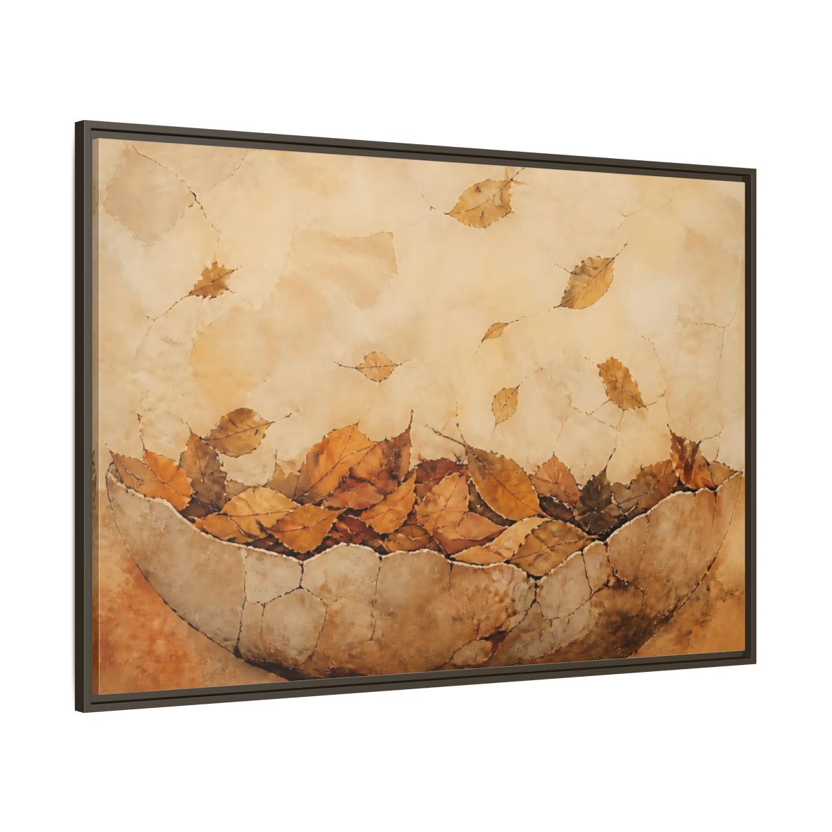 Side Mockup 8. Cracked Bowl Of Leaves shown as framed canvas print