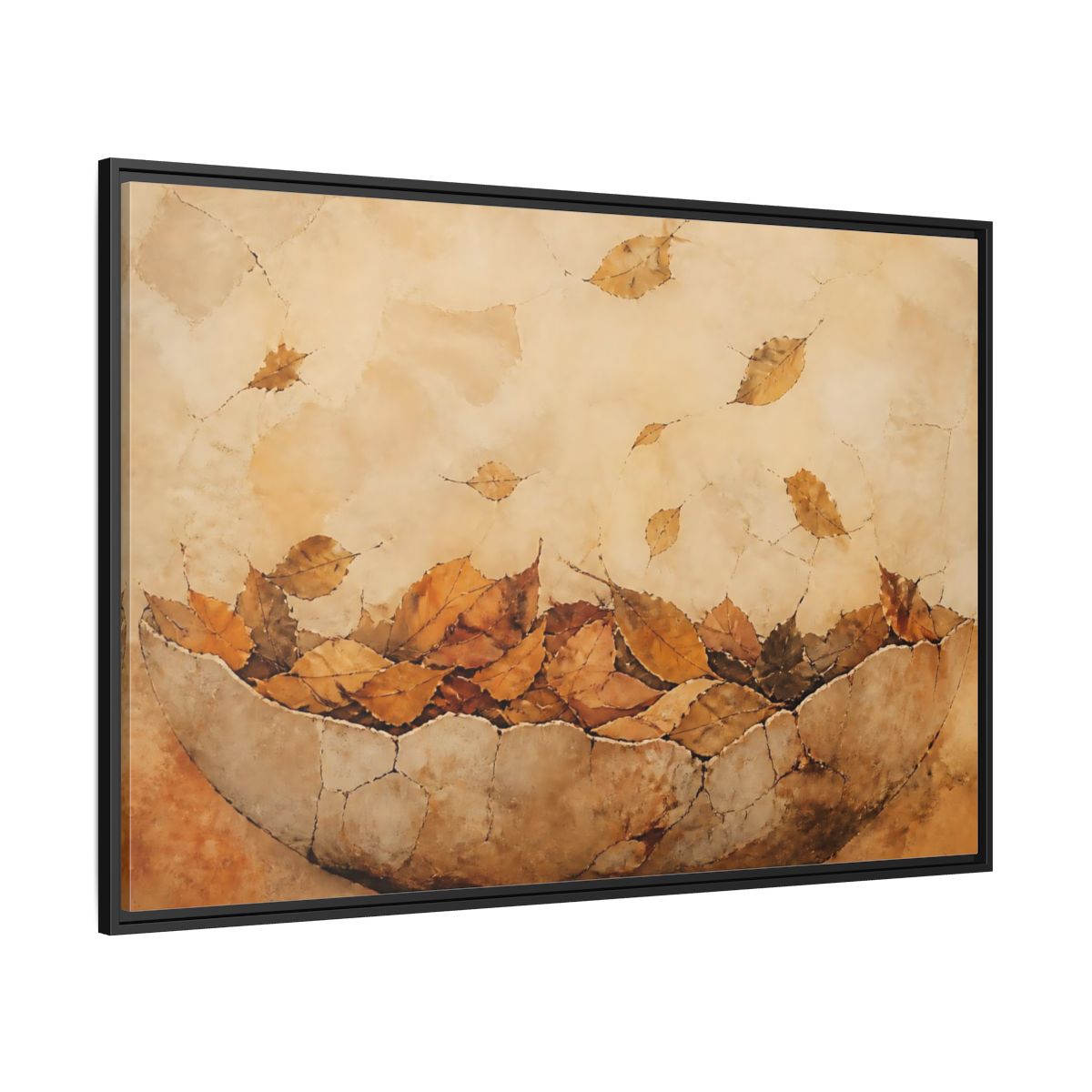Side Mockup 12. Cracked Bowl Of Leaves shown as framed canvas print