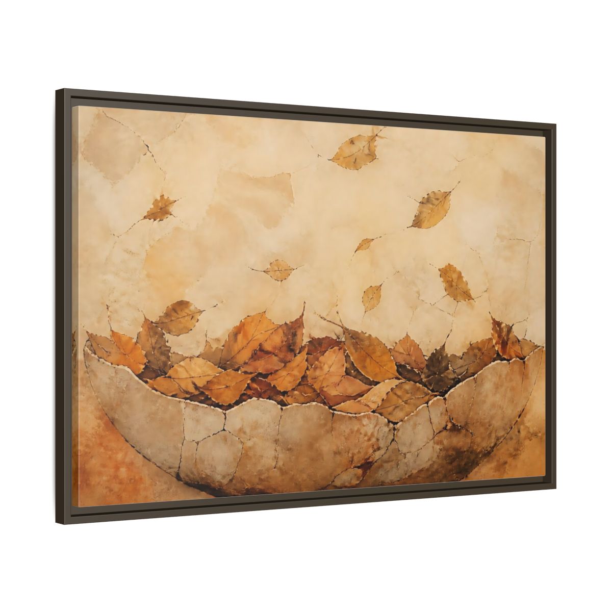 Main Mockup. Cracked Bowl Of Leaves shown as framed canvas print