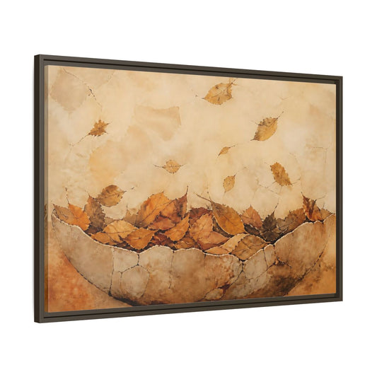 Main Mockup. Cracked Bowl Of Leaves shown as framed canvas print
