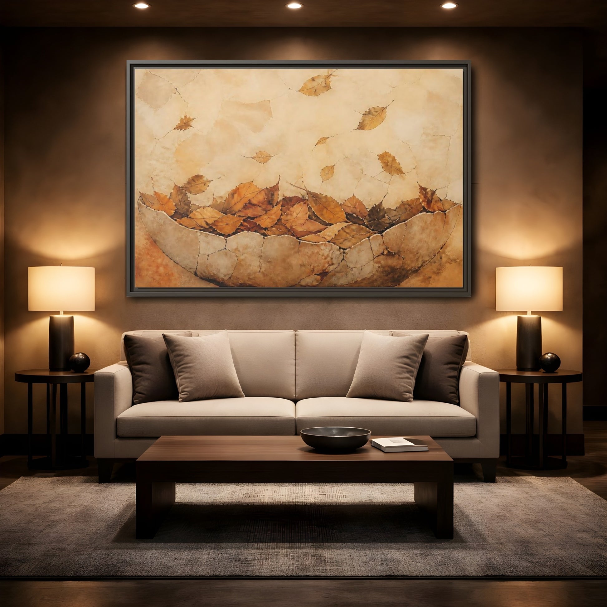 Mockup 2. Cracked Bowl Of Leaves shown as framed canvas print
