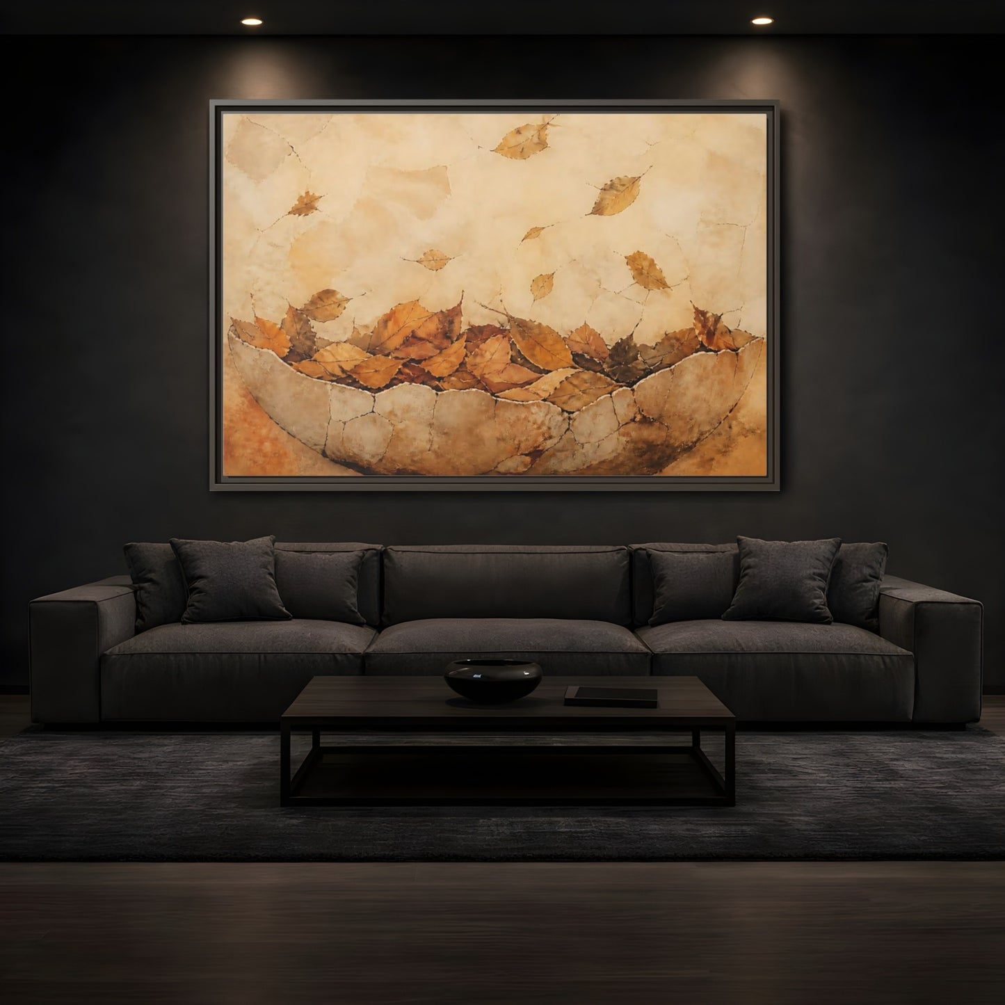 Mockup 3. Cracked Bowl Of Leaves shown as framed canvas print