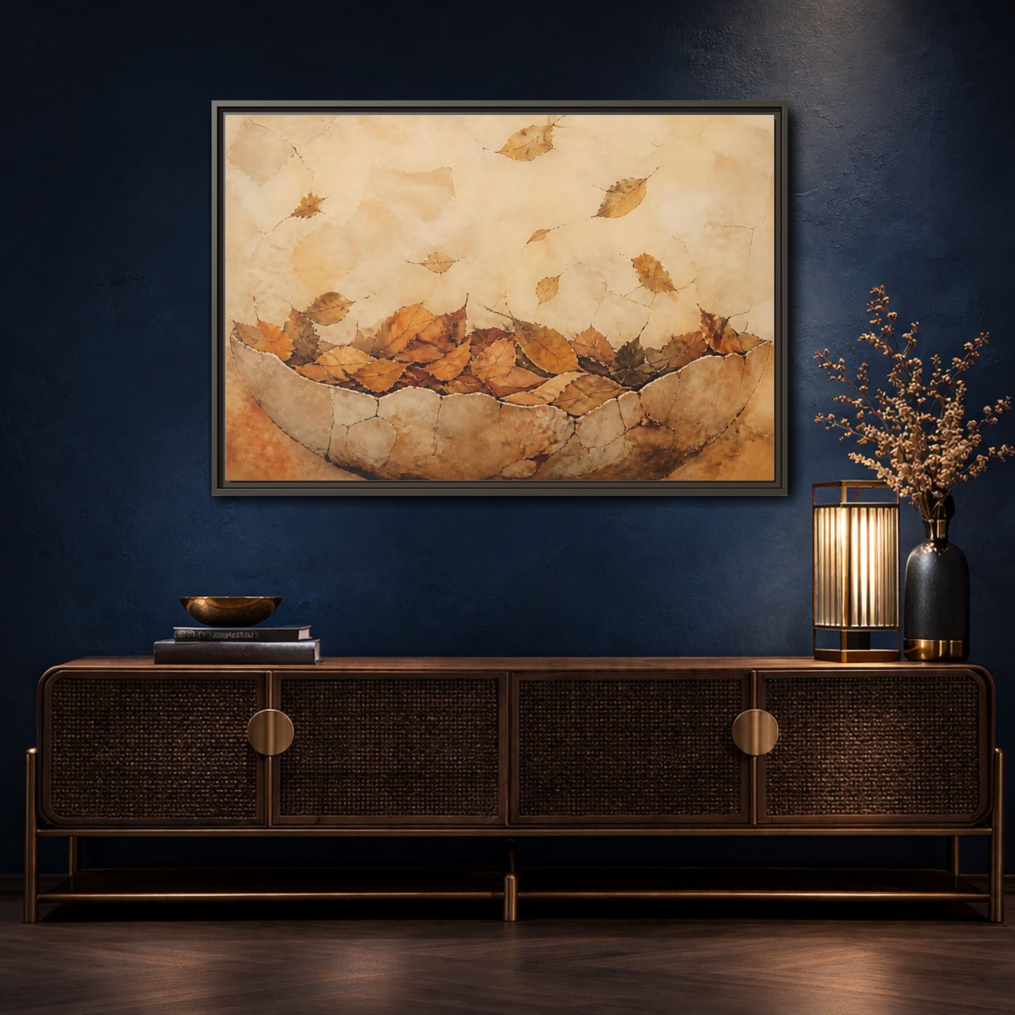 Mockup 4. Cracked Bowl Of Leaves shown as framed canvas print