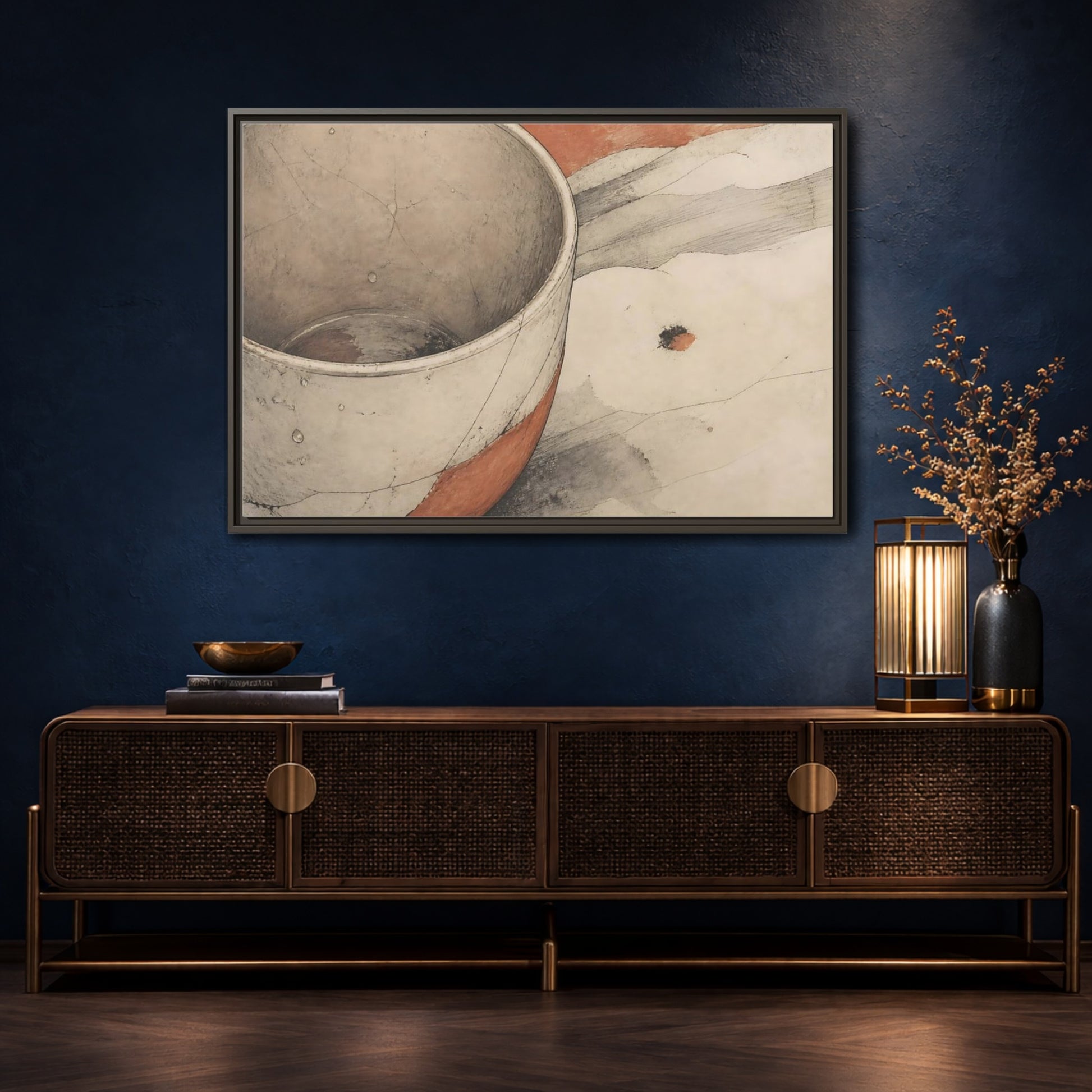Mockup 4. Cracked Ceramic Cup Study shown as framed canvas print