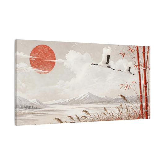 Main Mockup. Cranes Above Winter Reeds shown as canvas print