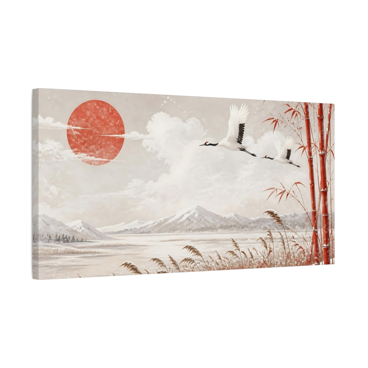 Side Mockup 1. Cranes Above Winter Reeds shown as canvas print