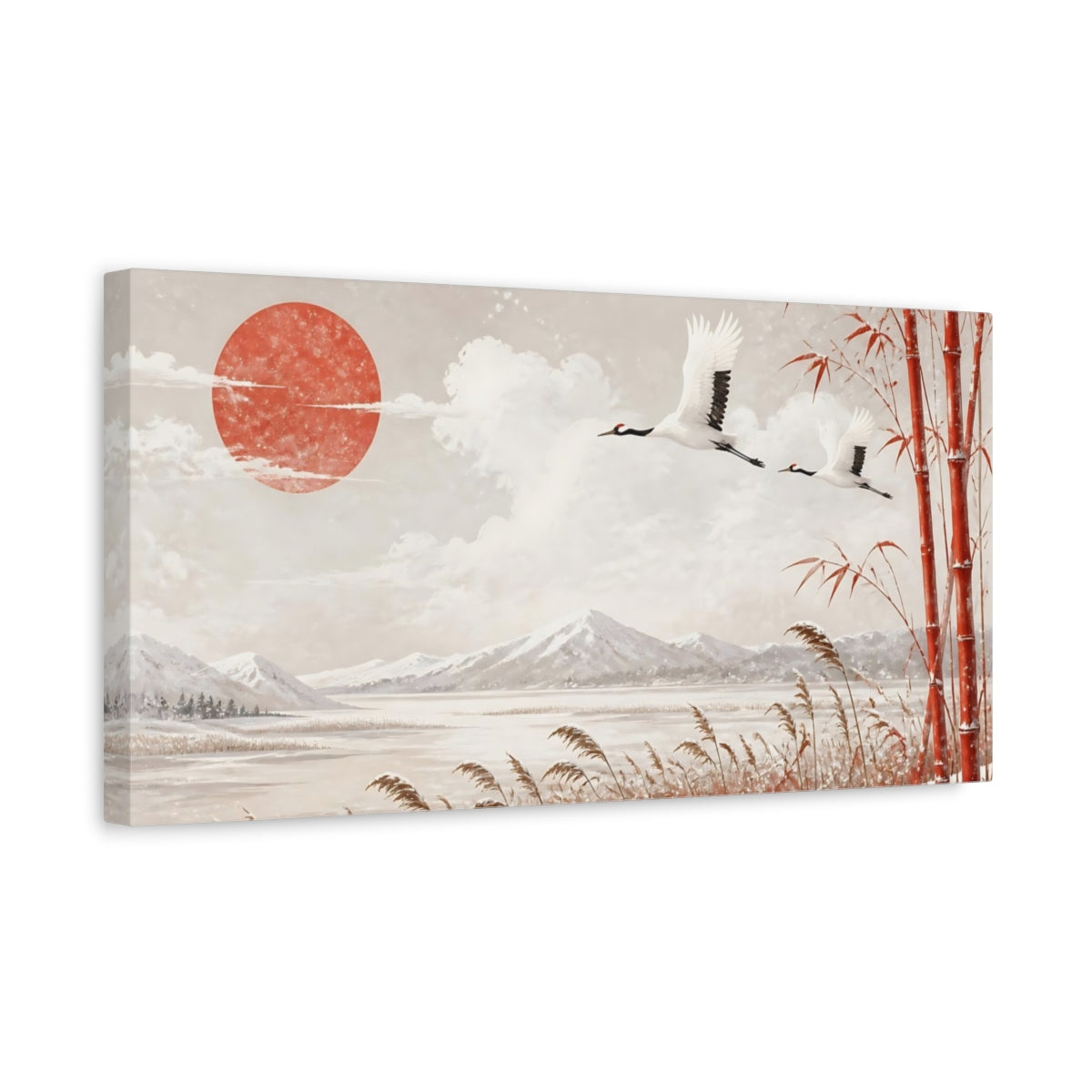 Side Mockup 3. Cranes Above Winter Reeds shown as canvas print