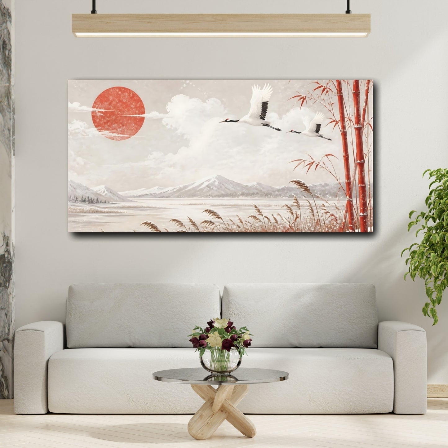 Mockup 2. Cranes Above Winter Reeds shown as canvas print