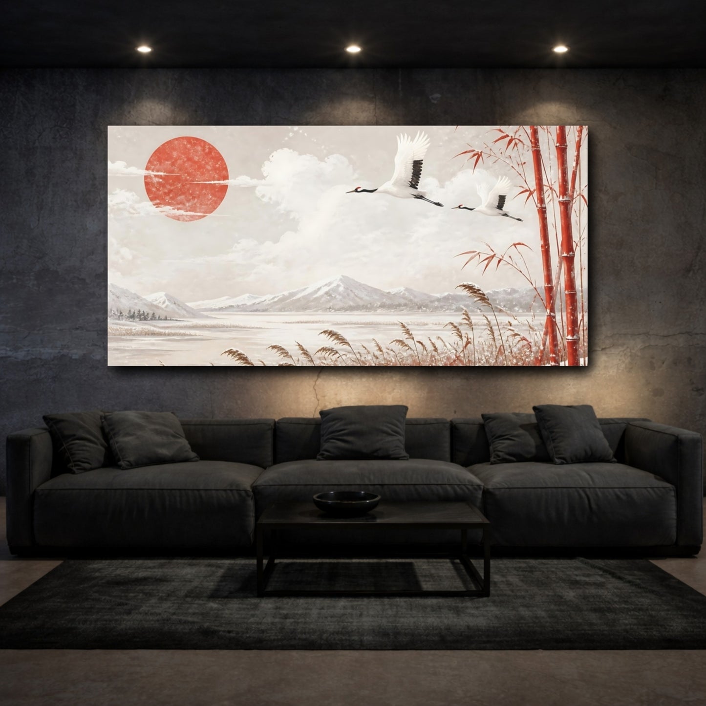Mockup 3. Cranes Above Winter Reeds shown as canvas print