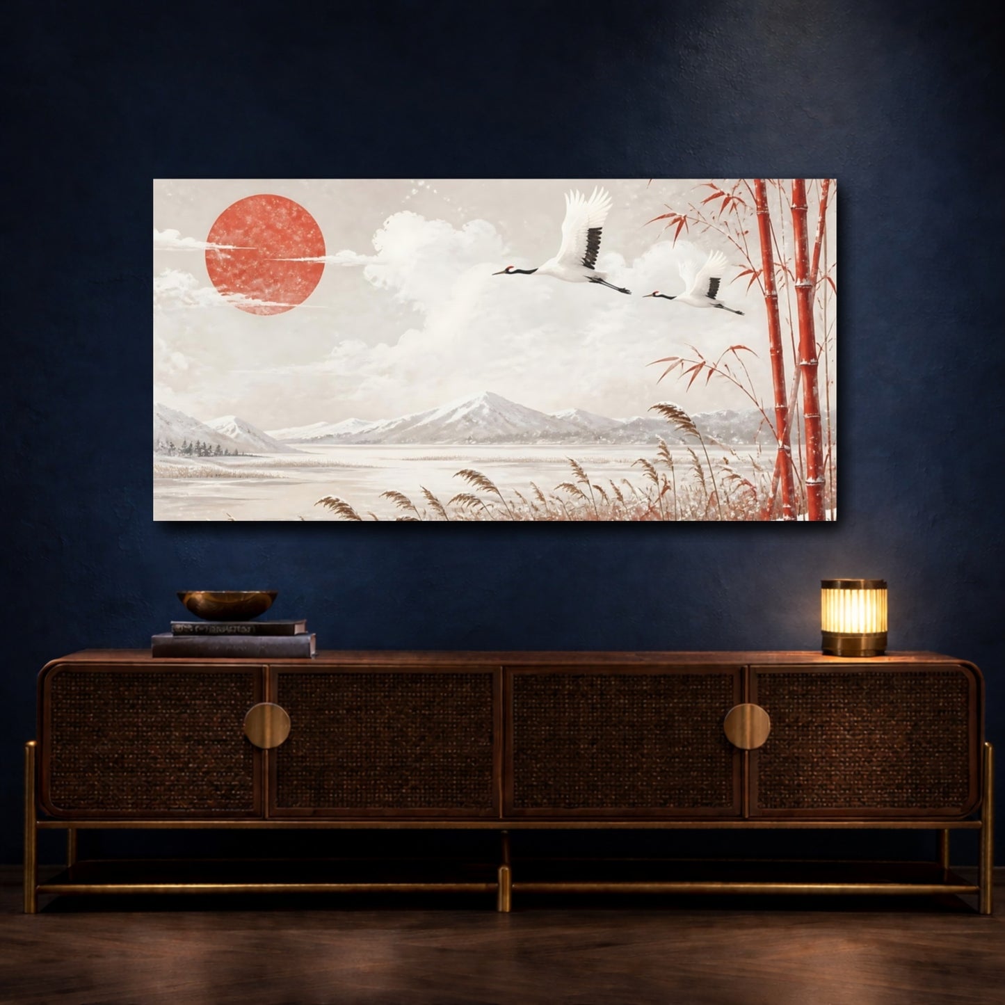 Mockup 4. Cranes Above Winter Reeds shown as canvas print