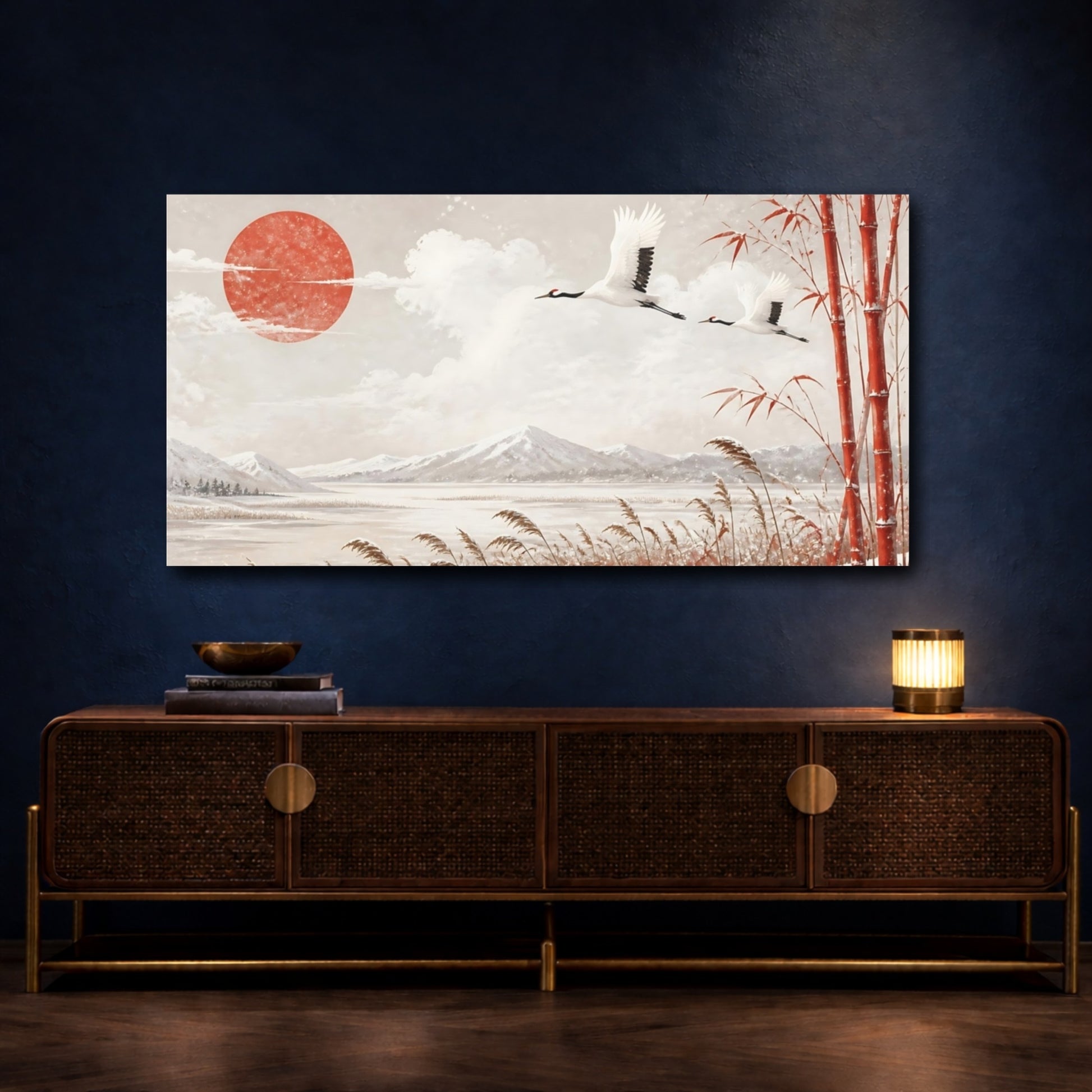 Mockup 4. Cranes Above Winter Reeds shown as canvas print