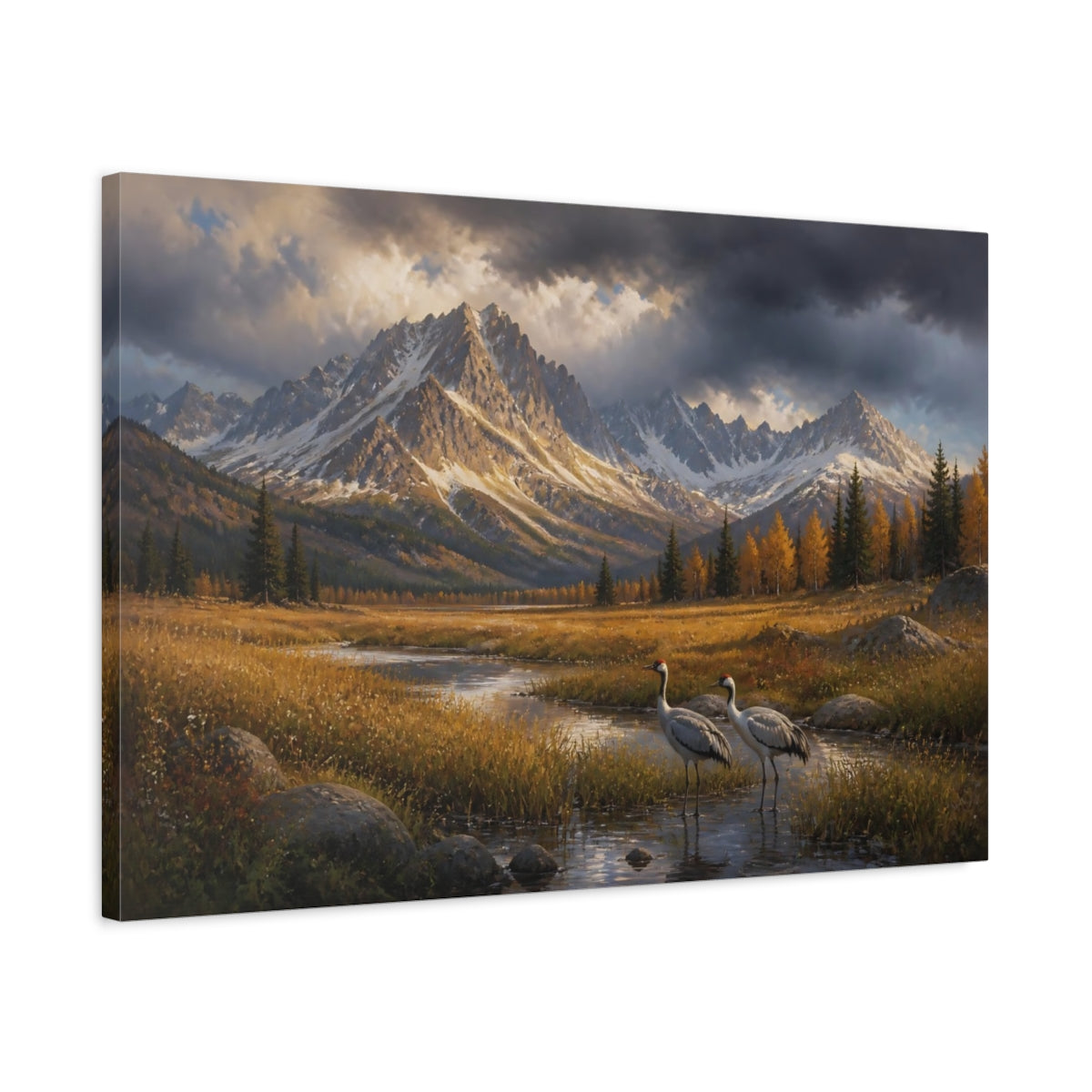 Side Mockup 2. Cranes In Autumn Landscape shown as canvas print