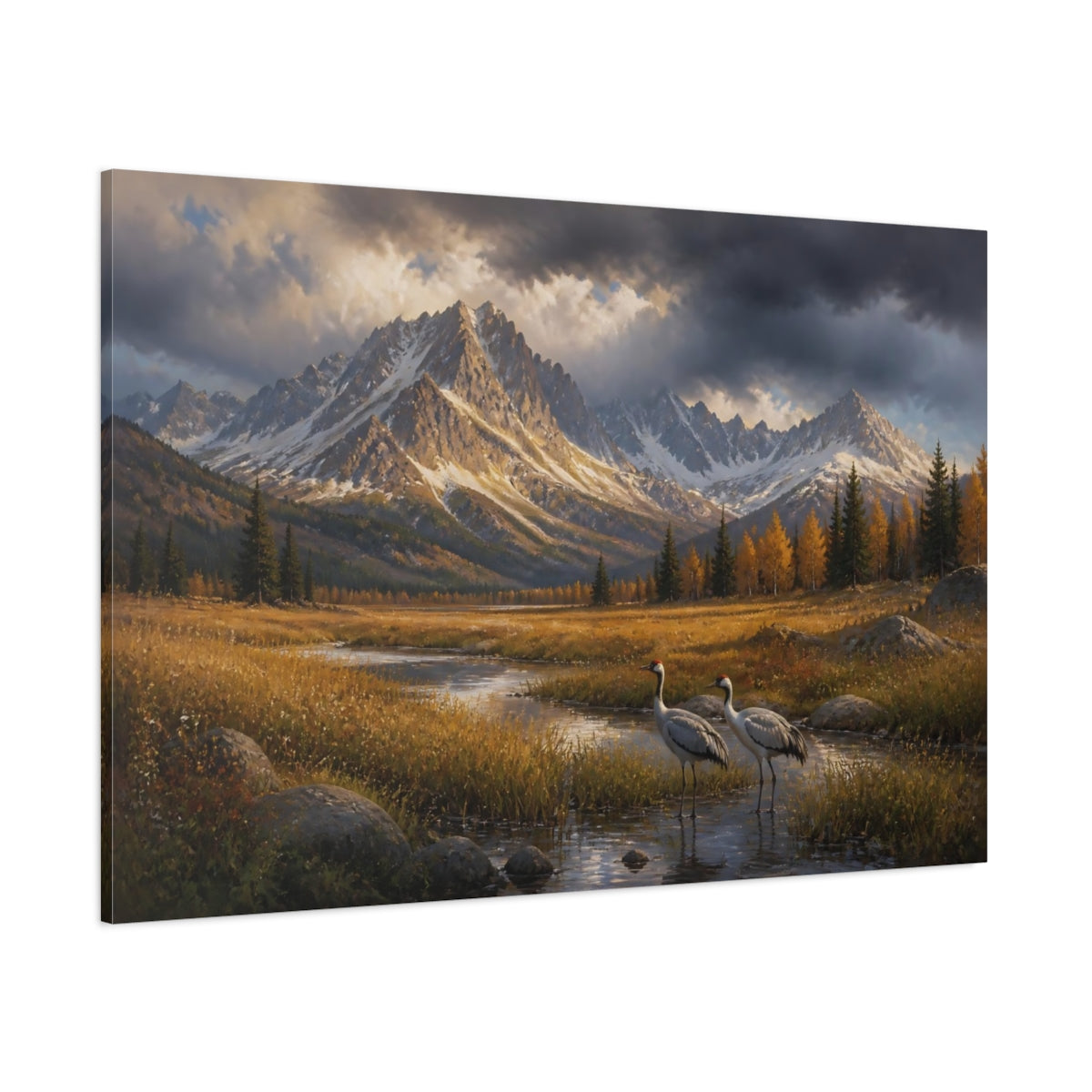 Side Mockup 1. Cranes In Autumn Landscape shown as canvas print