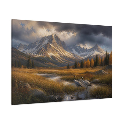 Side Mockup 1. Cranes In Autumn Landscape shown as canvas print