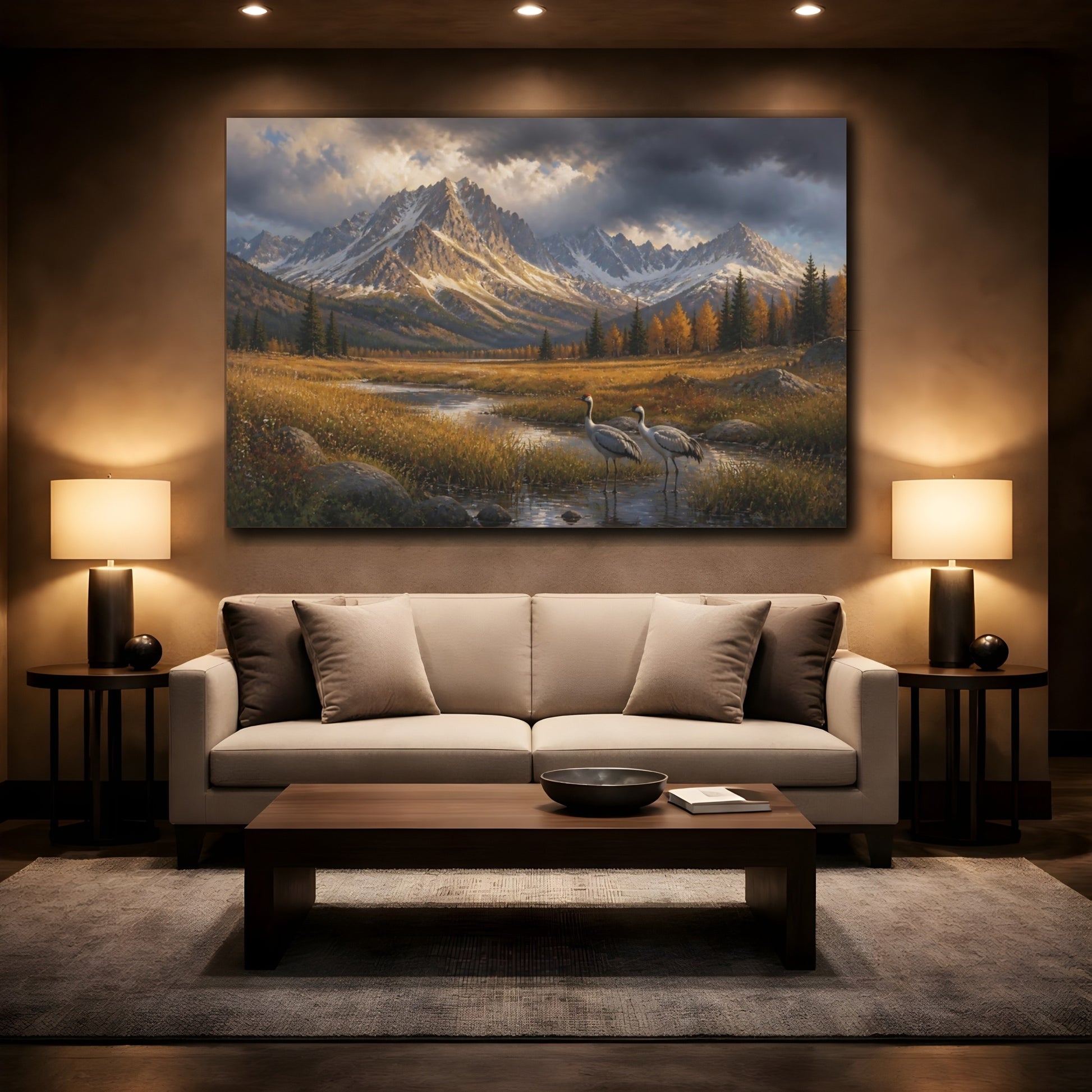 Mockup 2. Cranes In Autumn Landscape shown as canvas print