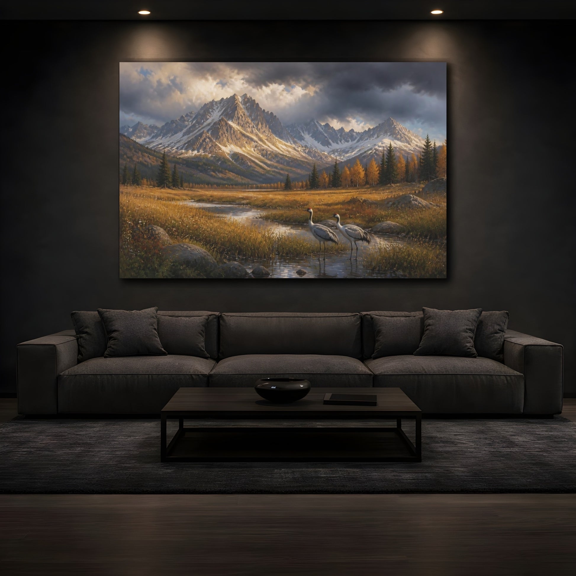 Mockup 3. Cranes In Autumn Landscape shown as canvas print