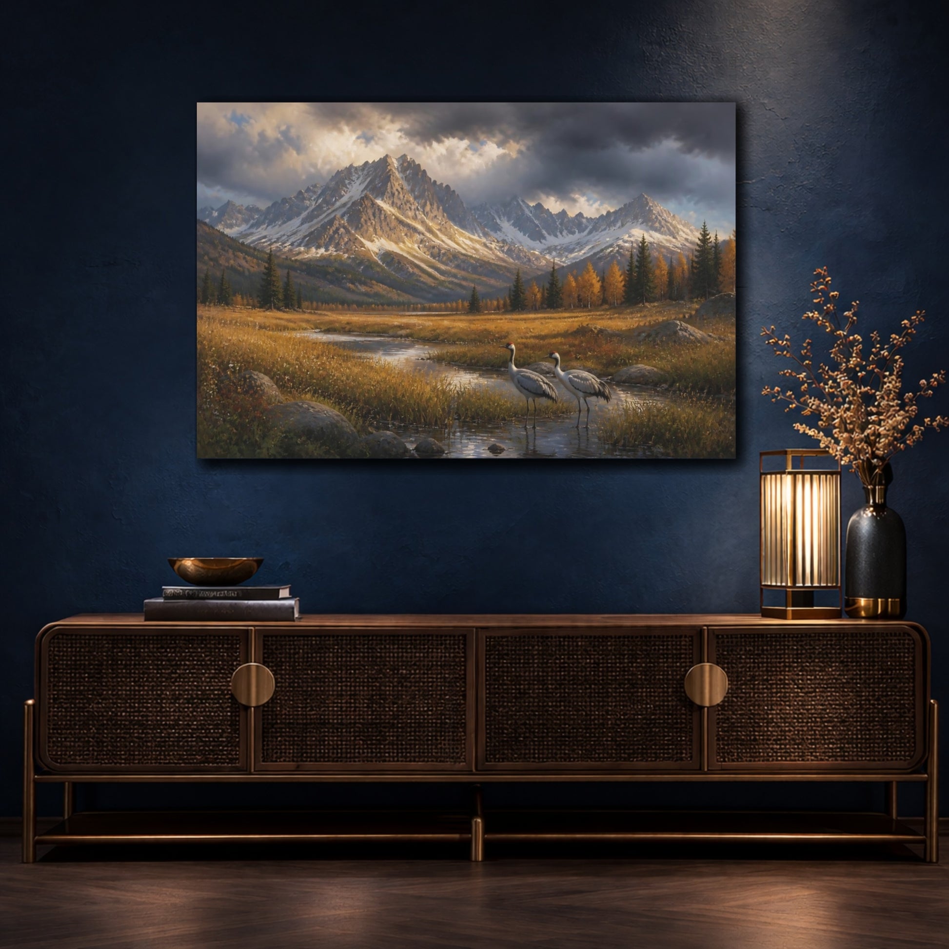 Mockup 4. Cranes In Autumn Landscape shown as canvas print