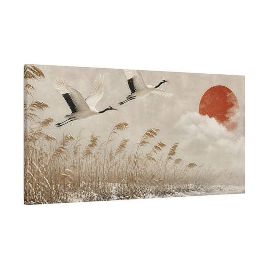 Main Mockup. Cranes Over Winter Reeds shown as canvas print