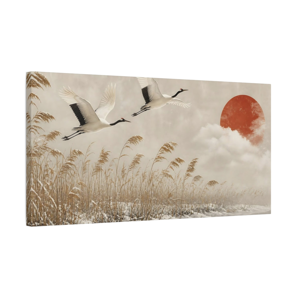 Side Mockup 1. Cranes Over Winter Reeds shown as canvas print