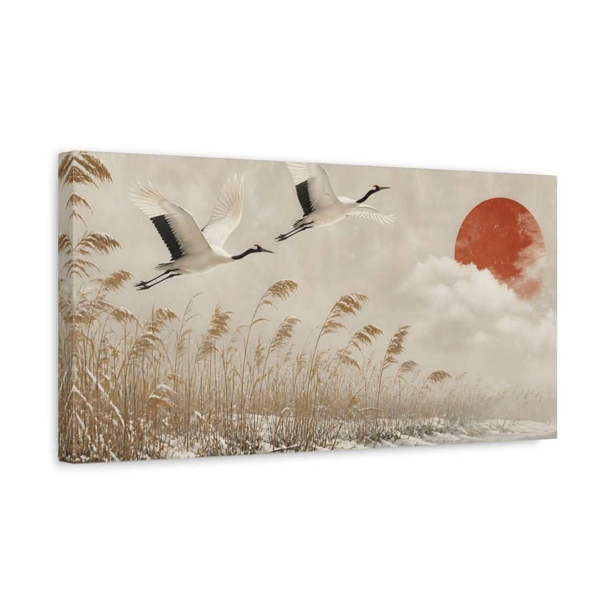 Side Mockup 3. Cranes Over Winter Reeds shown as canvas print