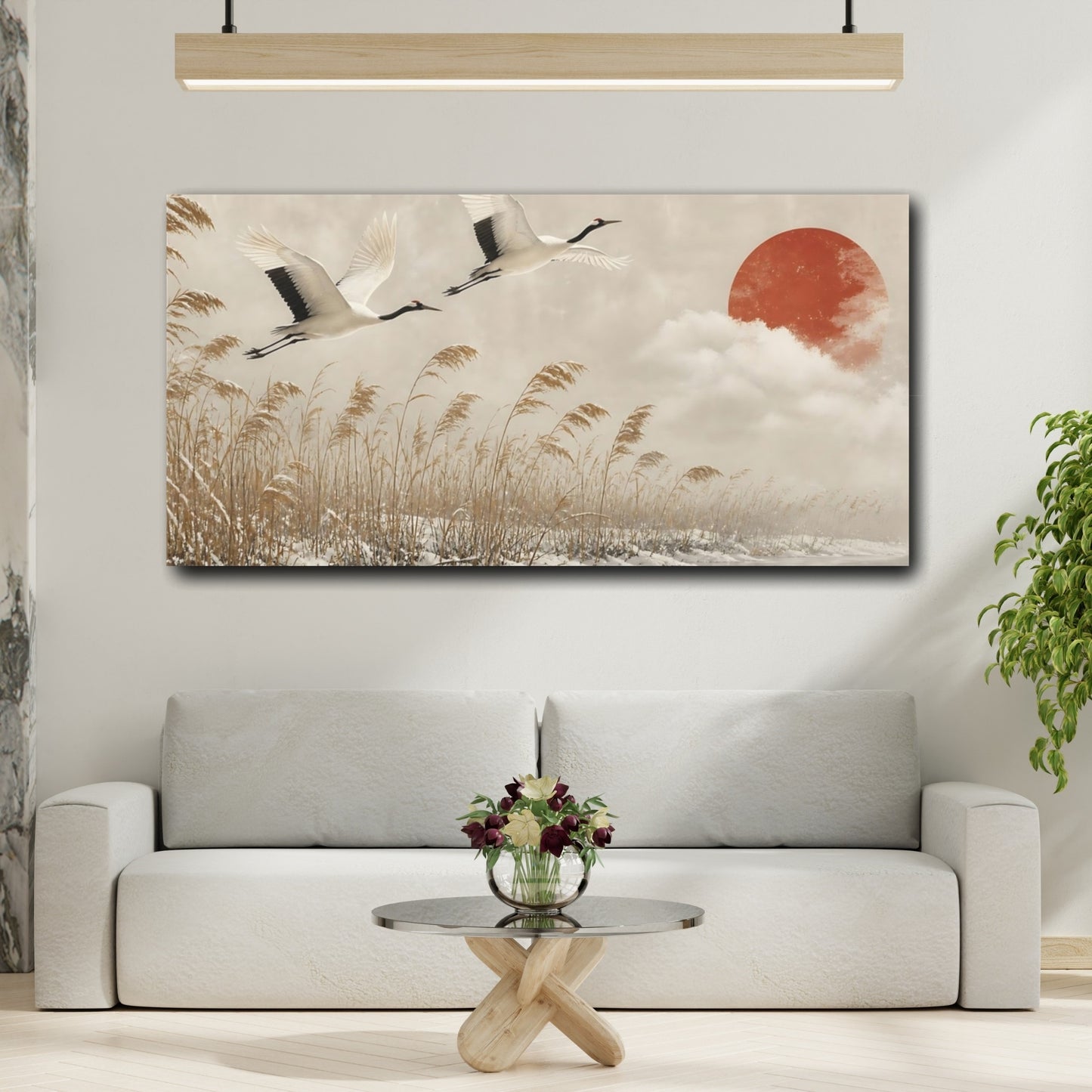 Mockup 2. Cranes Over Winter Reeds shown as canvas print
