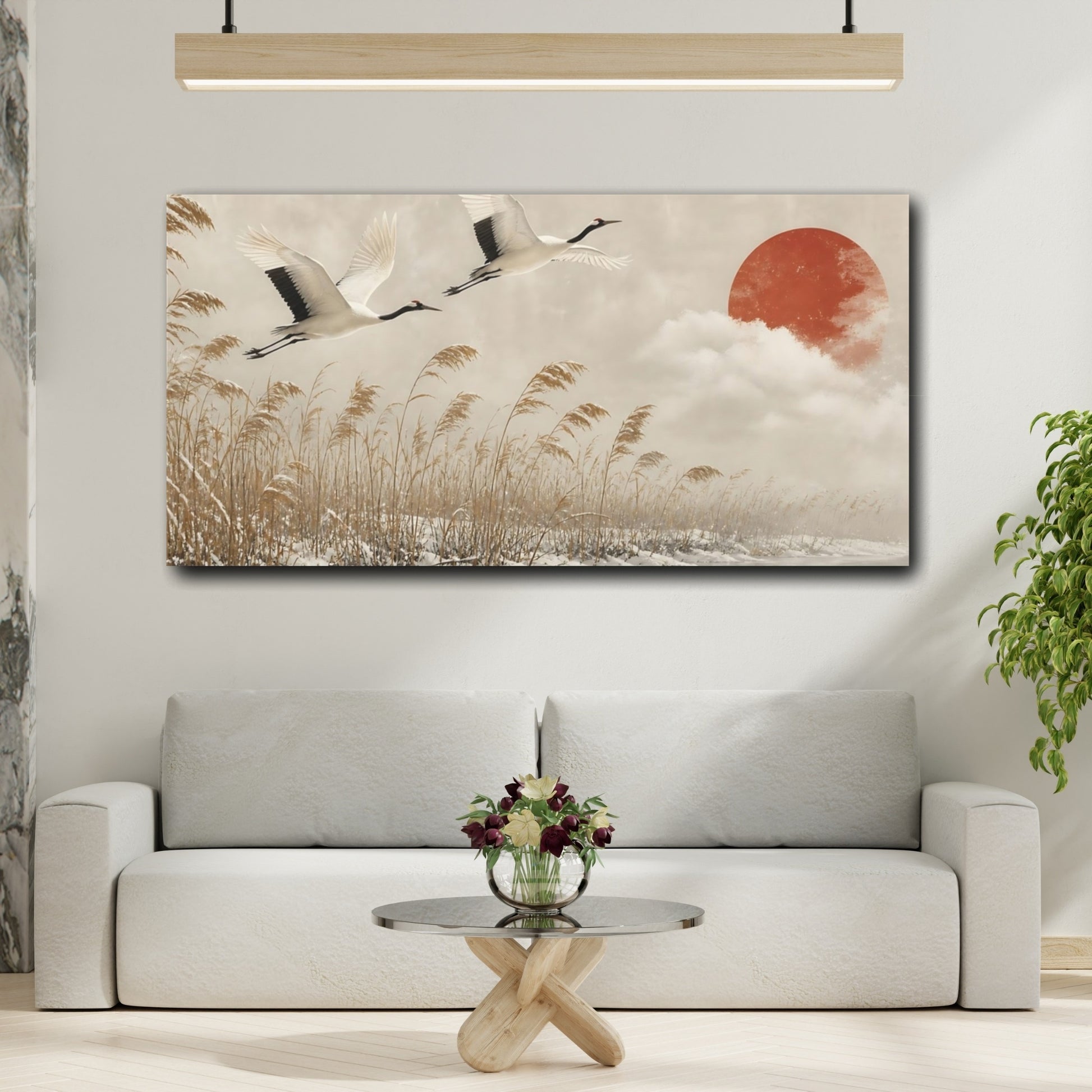 Mockup 2. Cranes Over Winter Reeds shown as canvas print