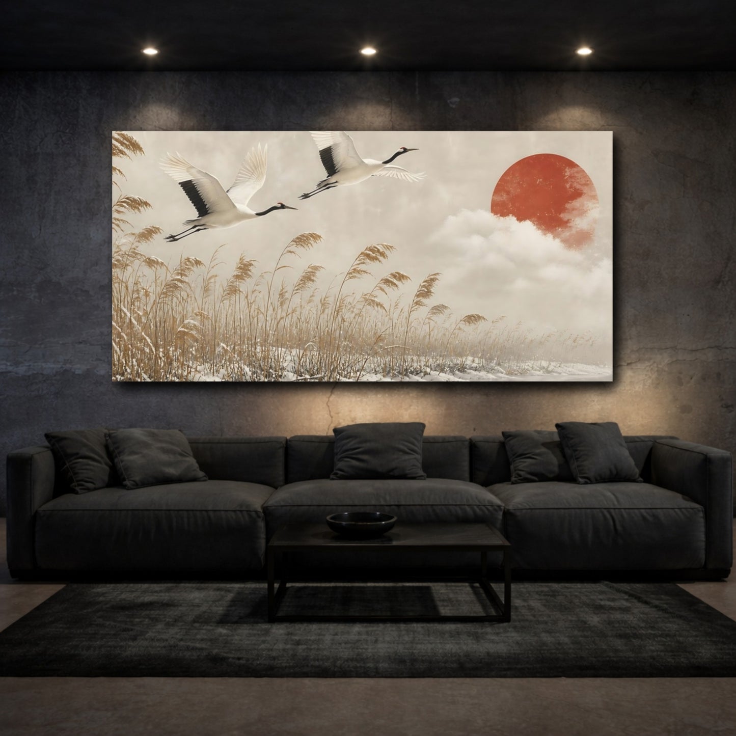 Mockup 3. Cranes Over Winter Reeds shown as canvas print