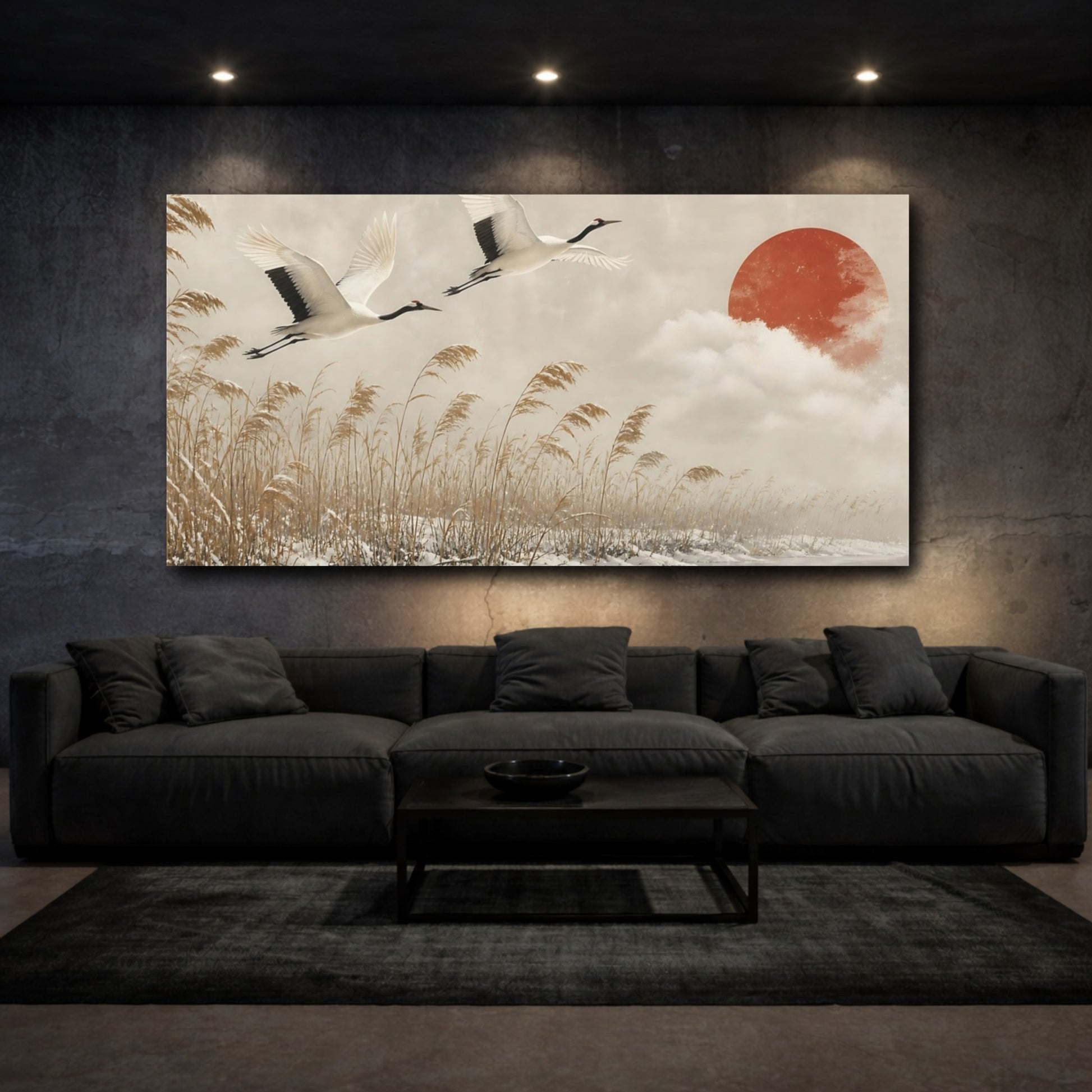 Mockup 3. Cranes Over Winter Reeds shown as canvas print