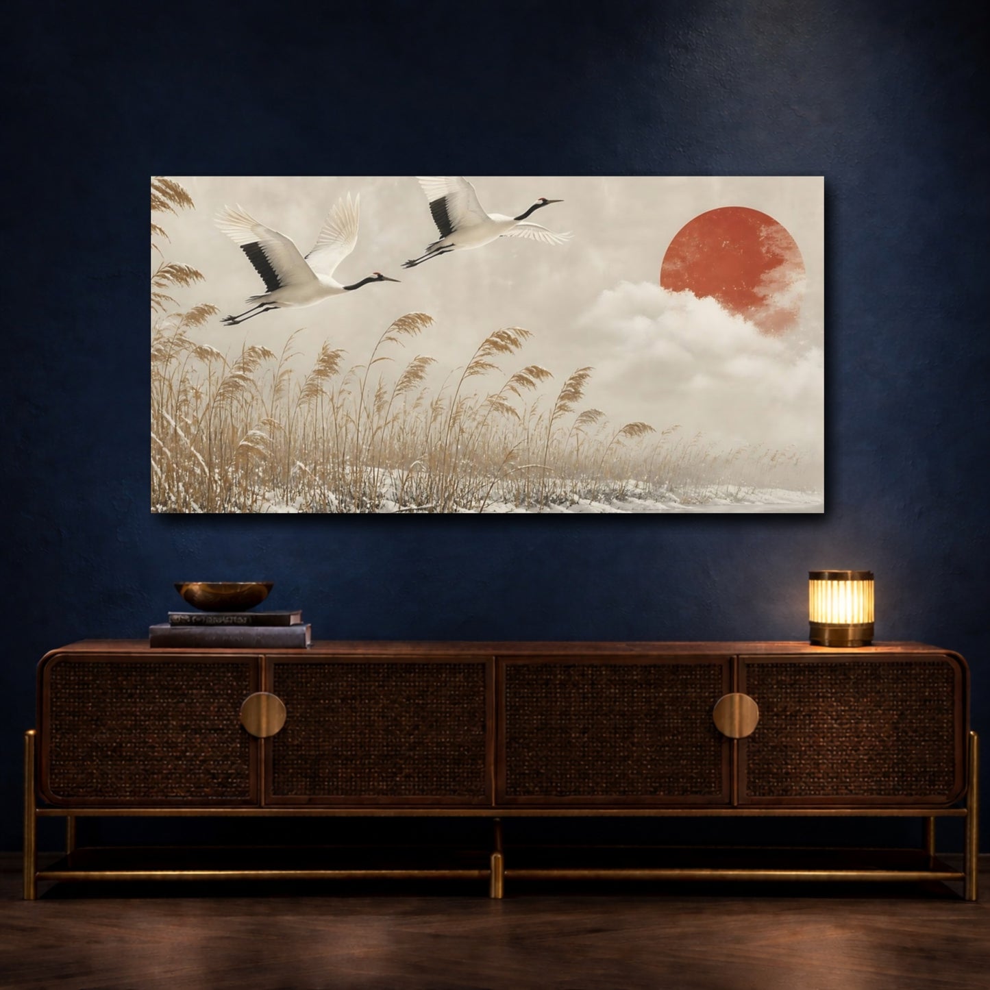 Mockup 4. Cranes Over Winter Reeds shown as canvas print