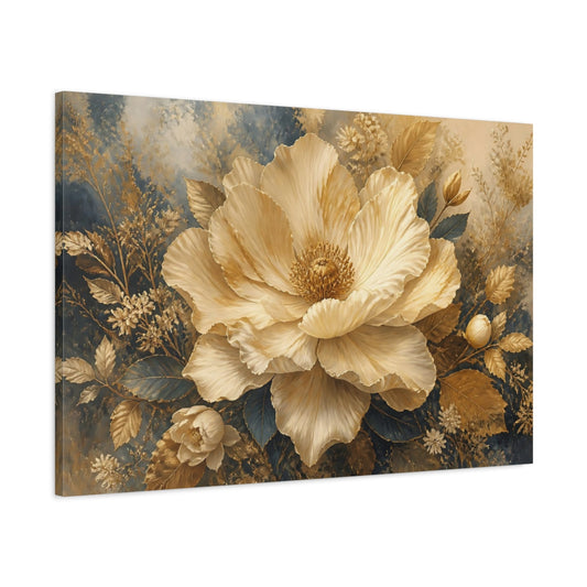 Main Mockup. Cream And Gold Giant Bloom shown as canvas print