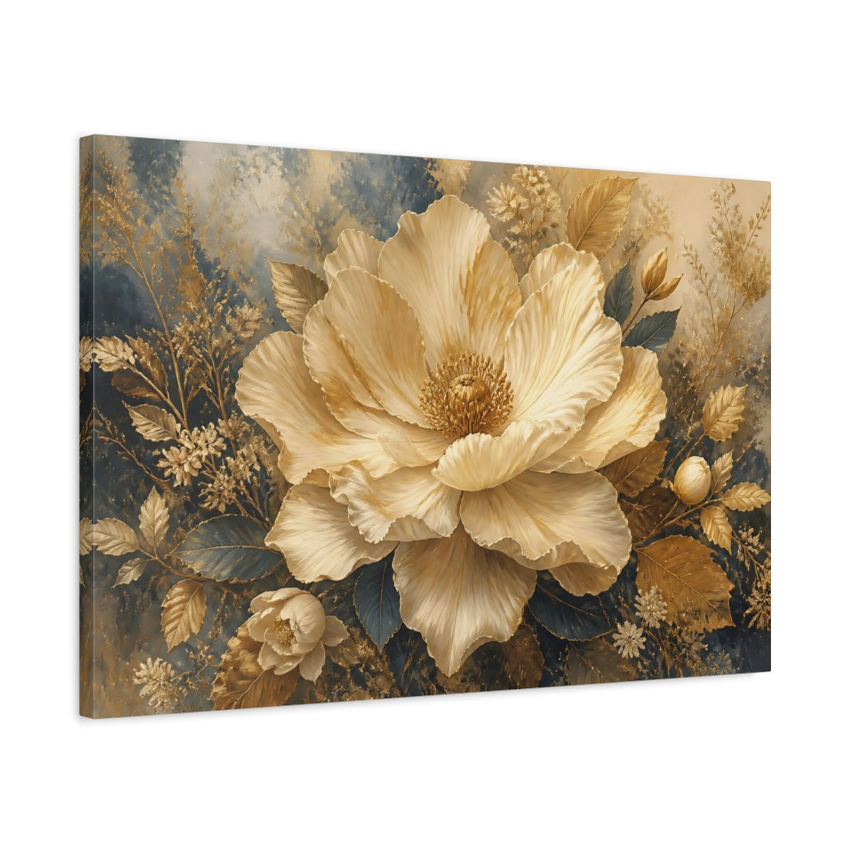 Side Mockup 2. Cream And Gold Giant Bloom shown as canvas print