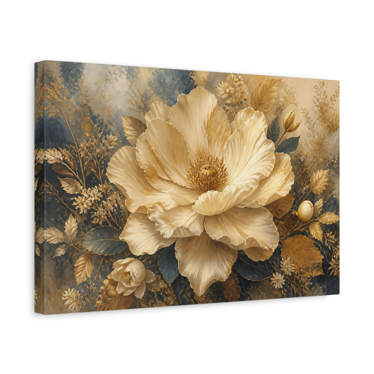 Side Mockup 4. Cream And Gold Giant Bloom shown as canvas print