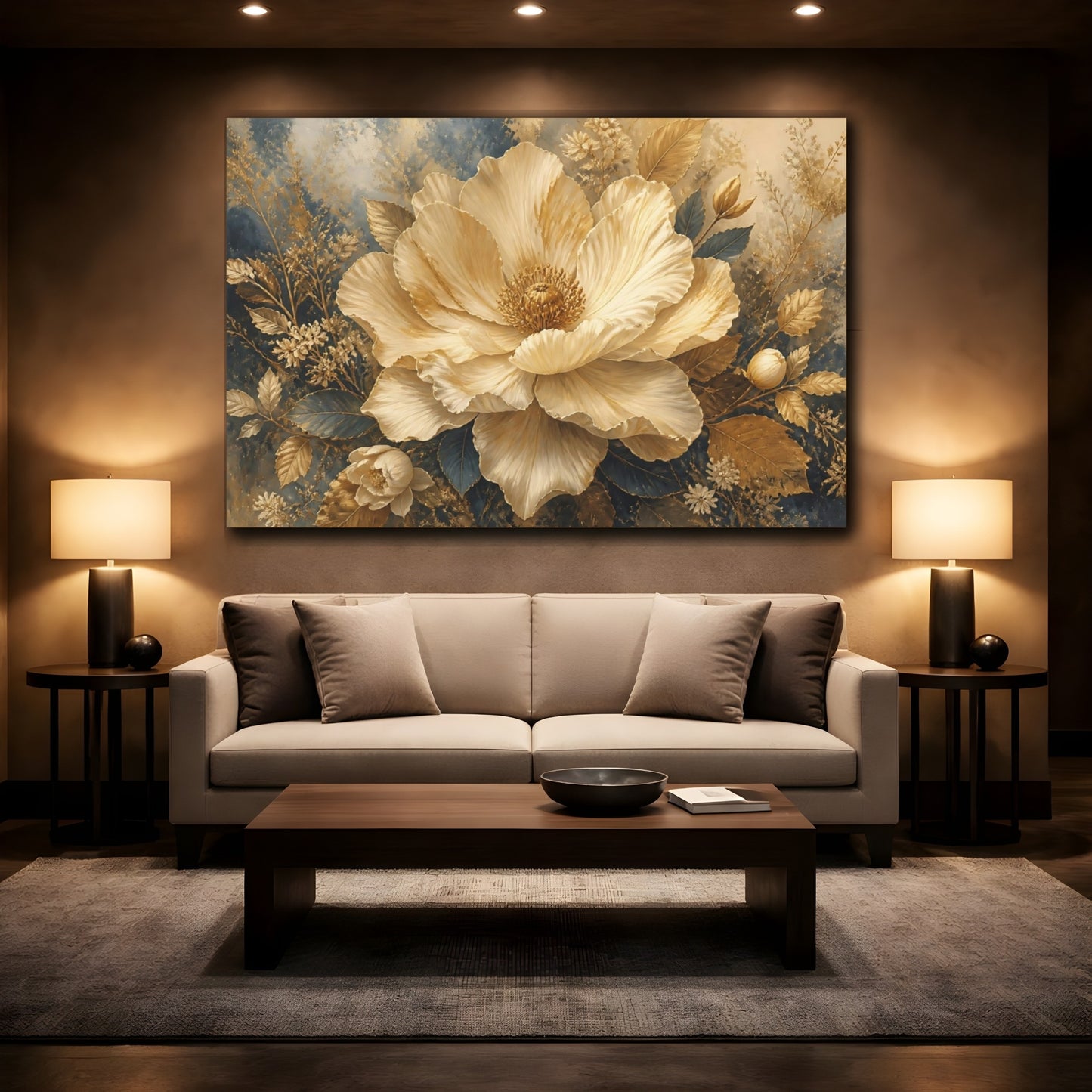 Mockup 2. Cream And Gold Giant Bloom shown as canvas print