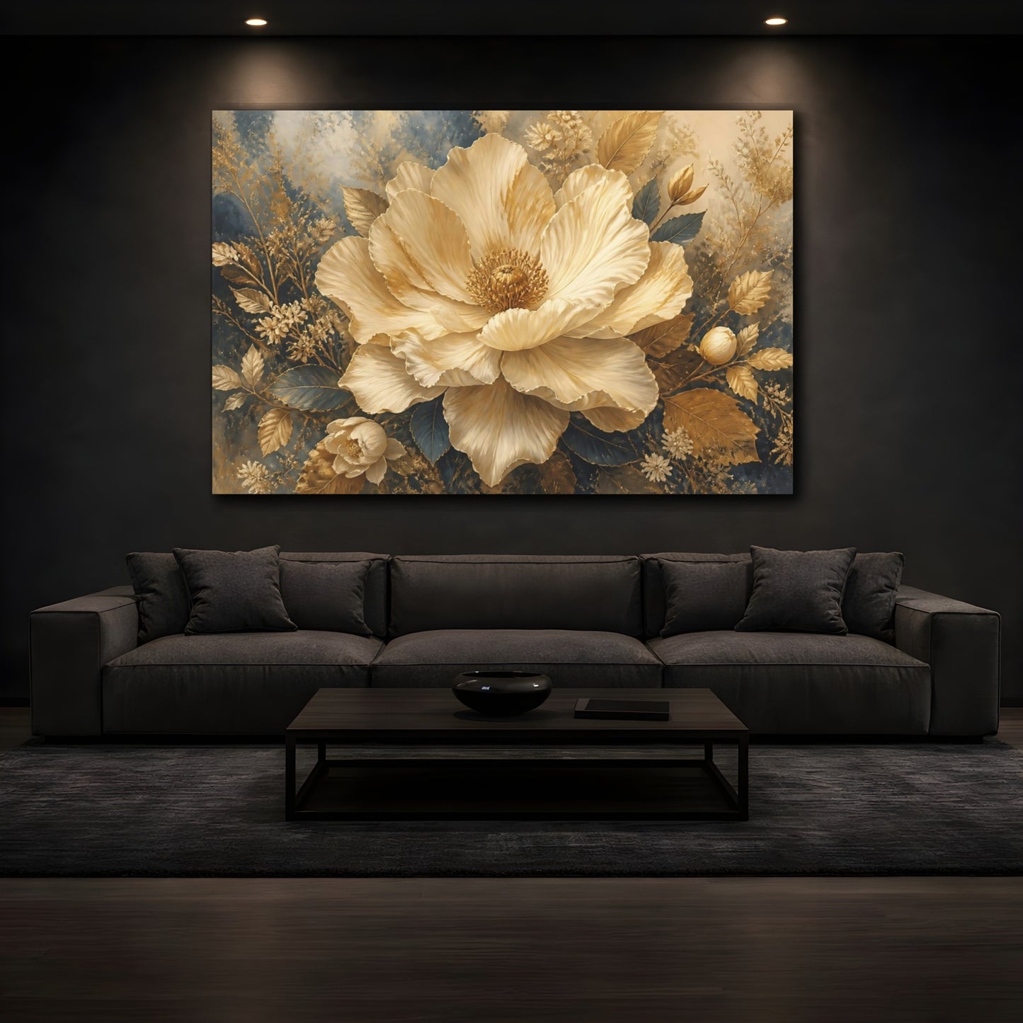 Mockup 3. Cream And Gold Giant Bloom shown as canvas print