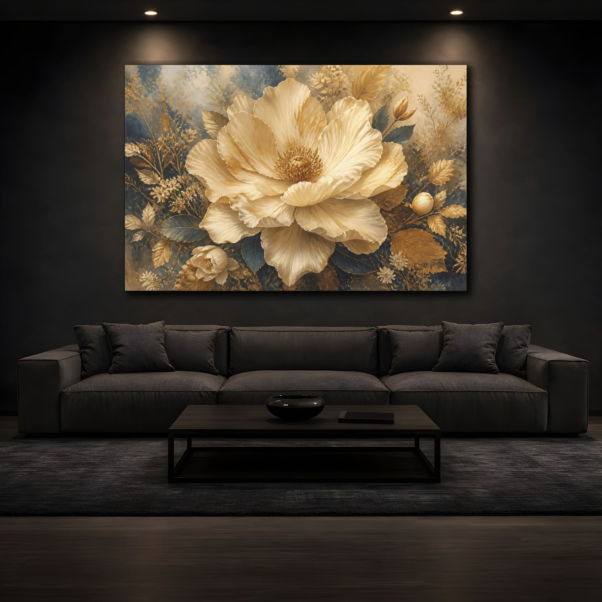 Mockup 3. Cream And Gold Giant Bloom shown as canvas print