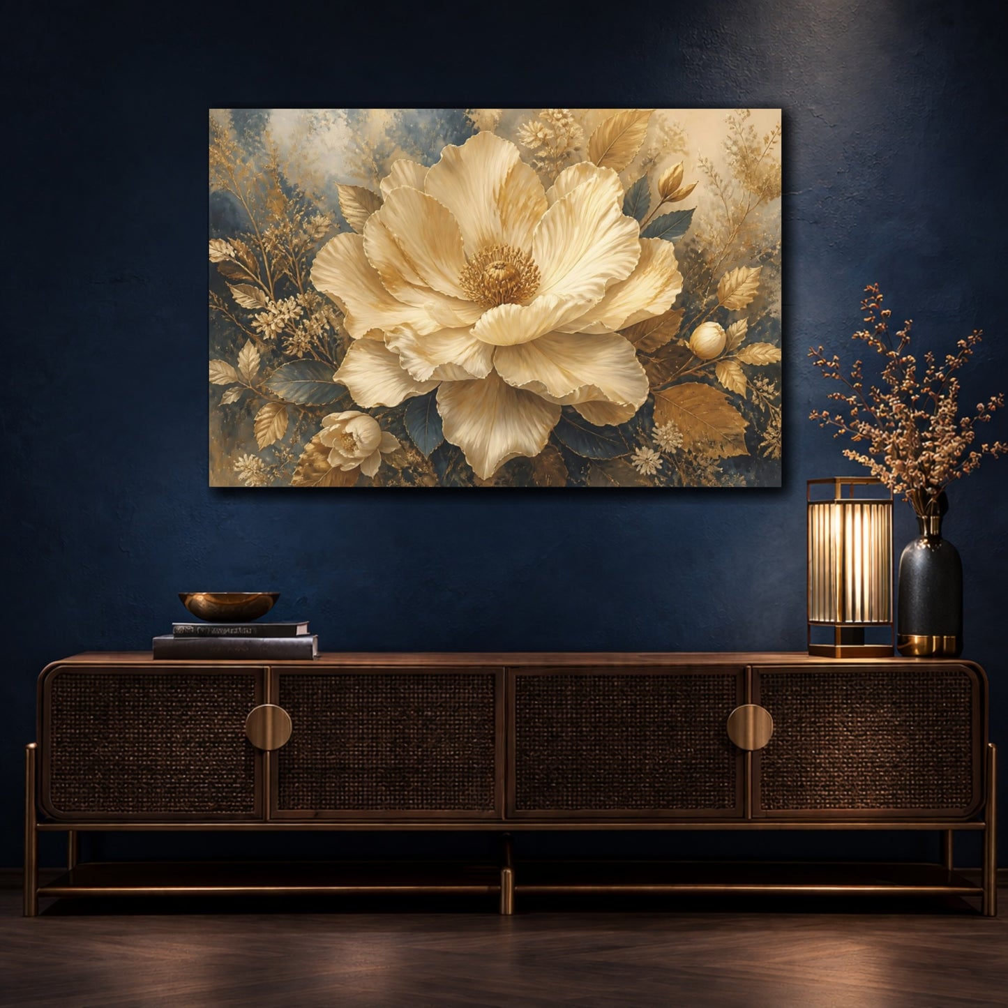 Mockup 4. Cream And Gold Giant Bloom shown as canvas print