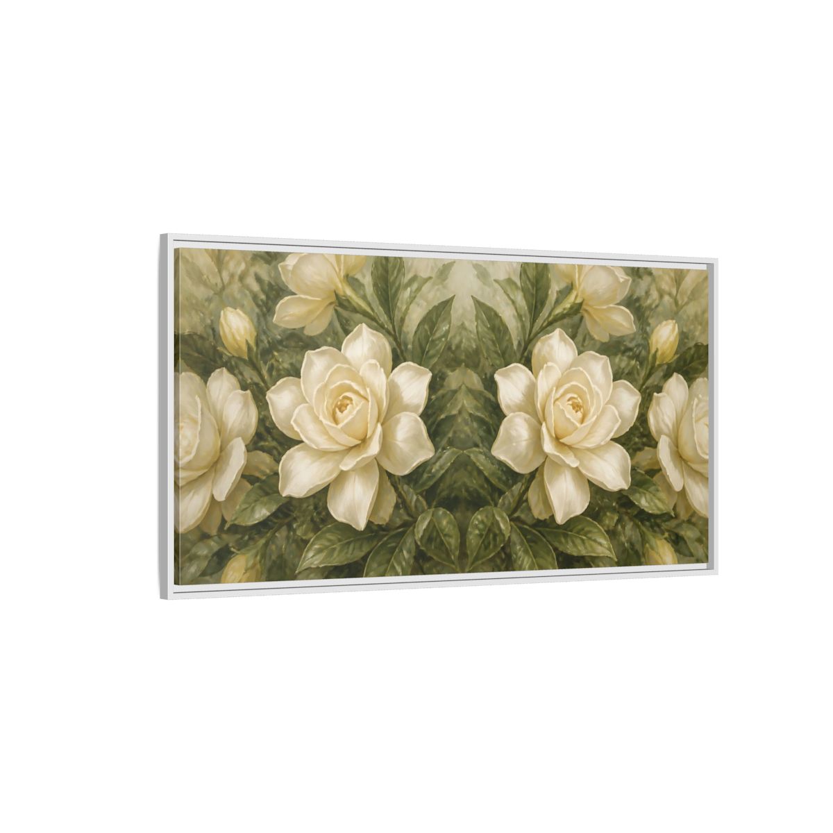 Side Mockup 3. Cream Gardenia Elegance shown as framed canvas print