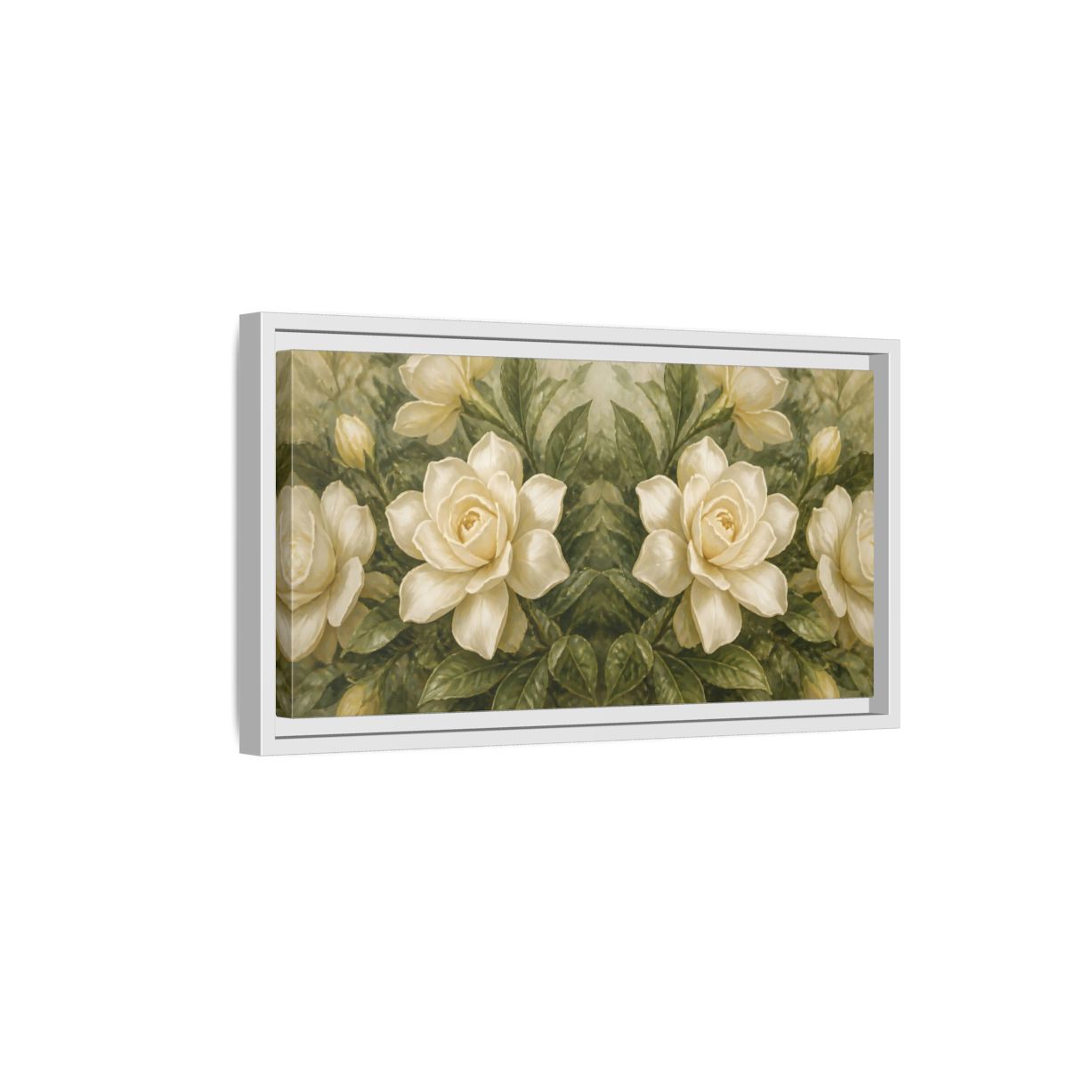Side Mockup 6. Cream Gardenia Elegance shown as framed canvas print