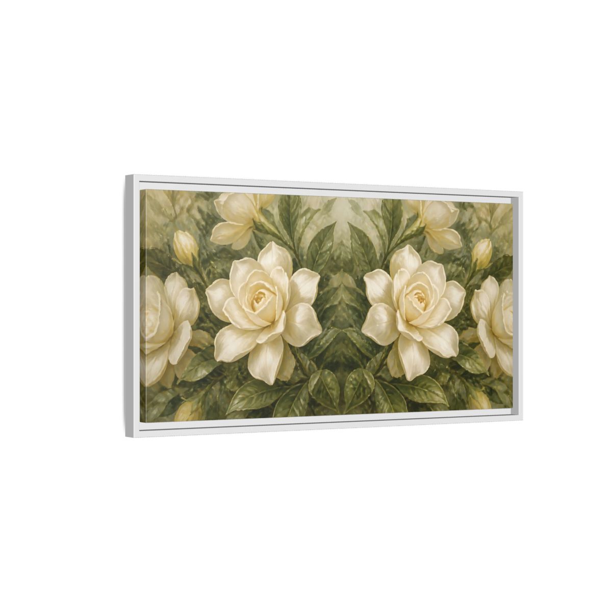 Side Mockup 1. Cream Gardenia Elegance shown as framed canvas print