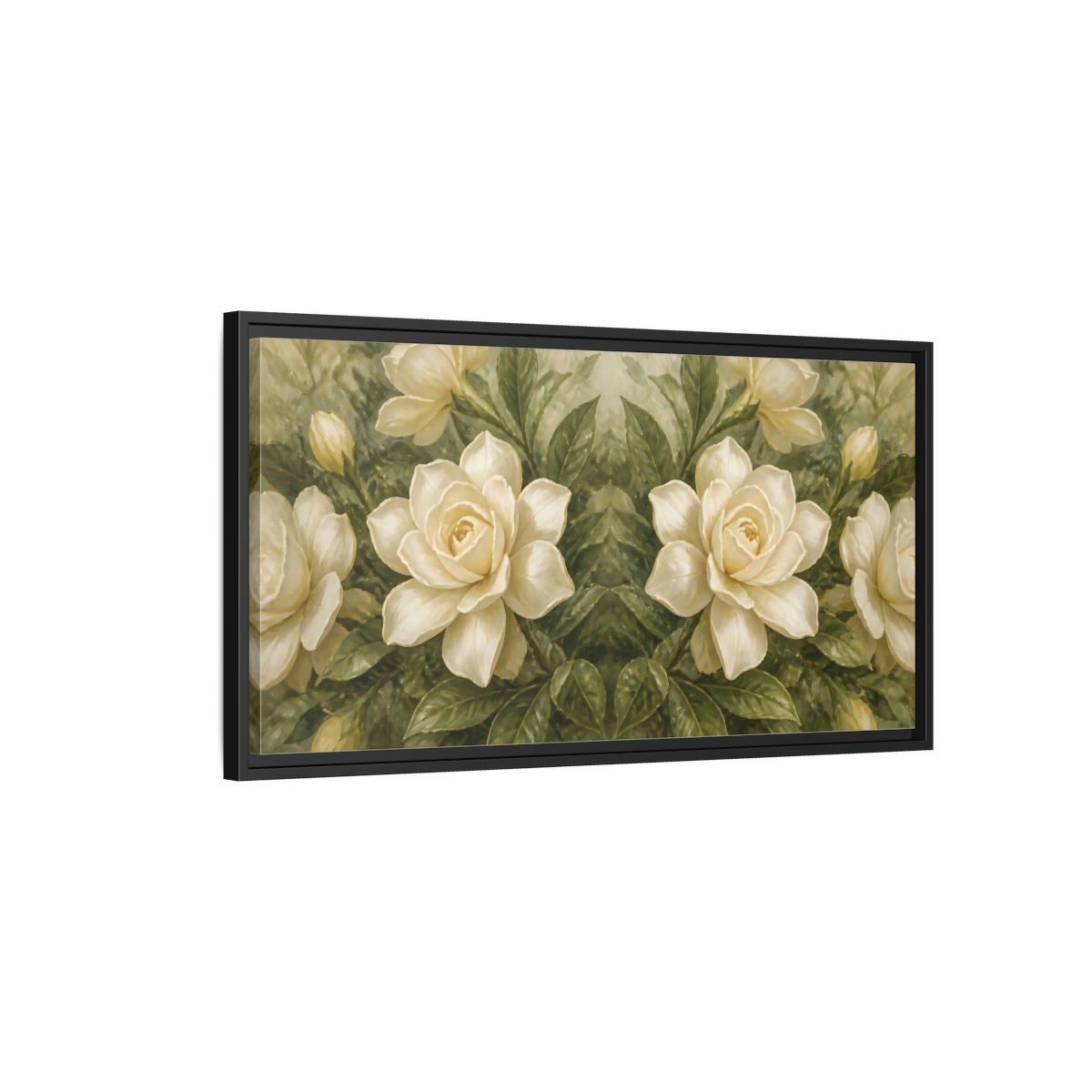 Side Mockup 2. Cream Gardenia Elegance shown as framed canvas print
