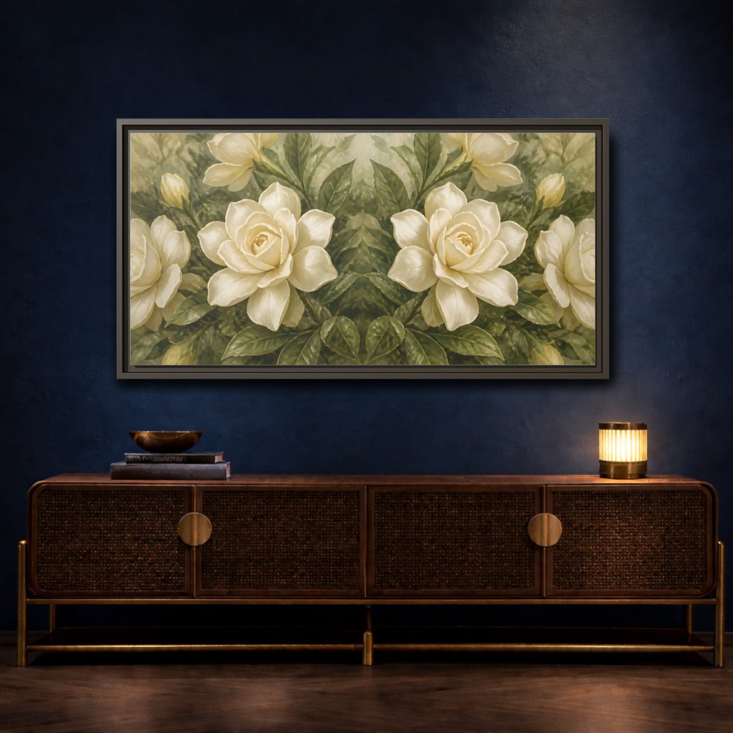 Mockup 4. Cream Gardenia Elegance shown as framed canvas print